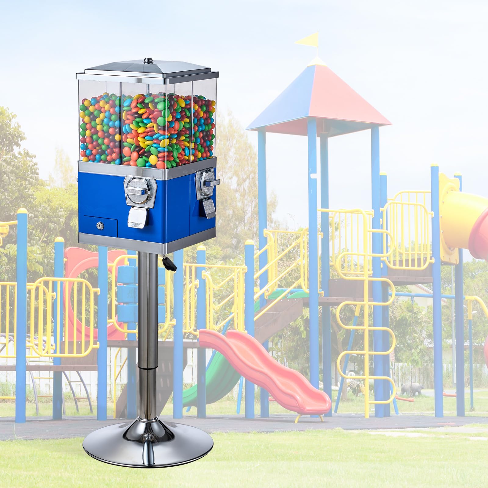 VEVOR Commercial Vending Machine - 4 Compartment Rotatable Gumball & Candy Dispenser with Adjustable Height & Iron Stand | Coin Operated for Gumballs, Candy, Toy Capsules, Bouncy Balls, Nuts | Perfect for Retail Stores, Arcades, Restaurants & Business Use (Blue)