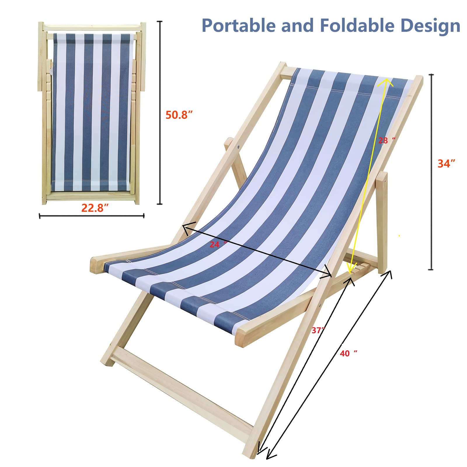 Adjustable Wood Backrest Folding Beach Sling Chair - Portable Outdoor Lounge Recliner for Patio, Lawn, Deck, Poolside & Camping - Comfortable Blue Relaxation Chair