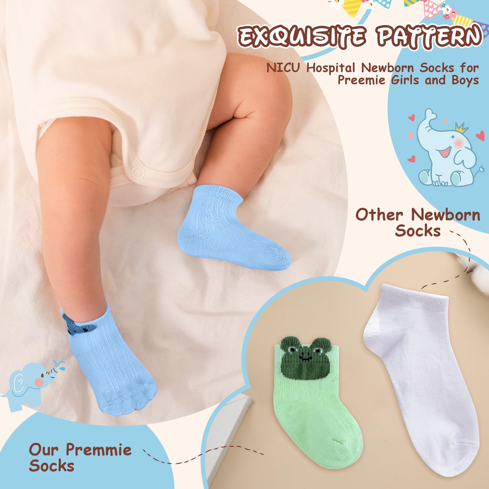 20 Pairs Preemie Baby Socks - Soft Cotton Animal Print Newborn Socks for Premature Boys & Girls - Perfect for NICU, Hospital & Home Use