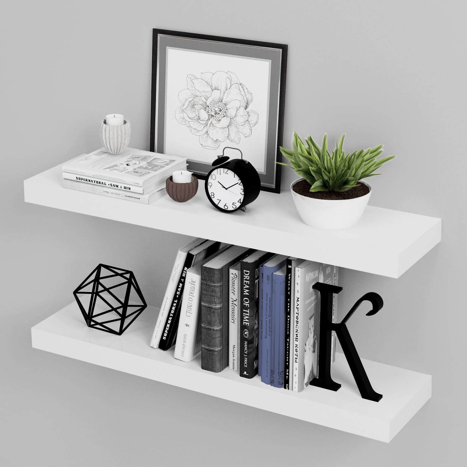 RANK Floating Shelves 2 Pack - Modern Wall Mounted Display Shelves for Home Decor - White Wooden Shelves (35.5