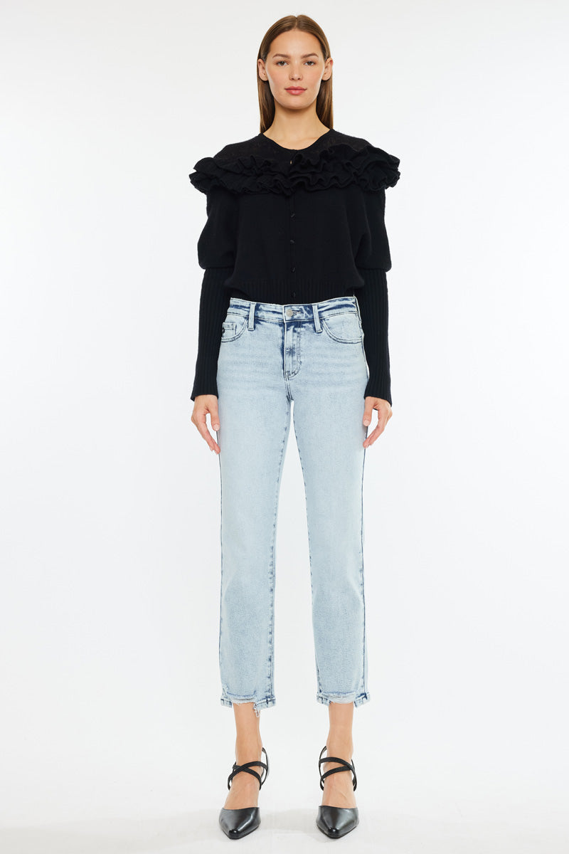 Pam Essentials Mid Rise Crop Straight Jeans - Women's High Waisted Stretch Denim Pants for Casual Wear & Everyday Outfits