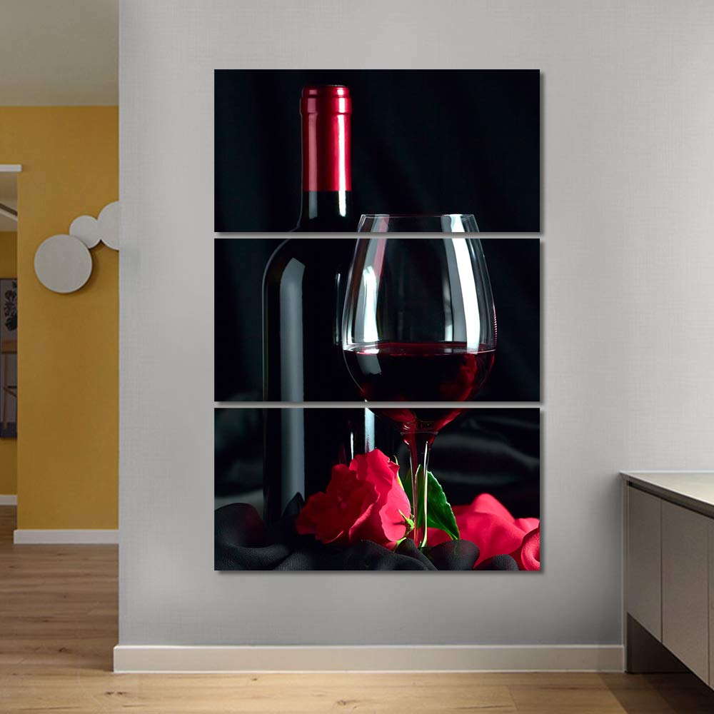 3 Piece Canvas Wall Art - Red Rose & Wine Bottles Giclee Paintings, Modern Wooden Framed Stretched Posters (60x40 Inch) for Dining Room Decor | Perfect for Home, Restaurant & Wine Bar Wall Decor