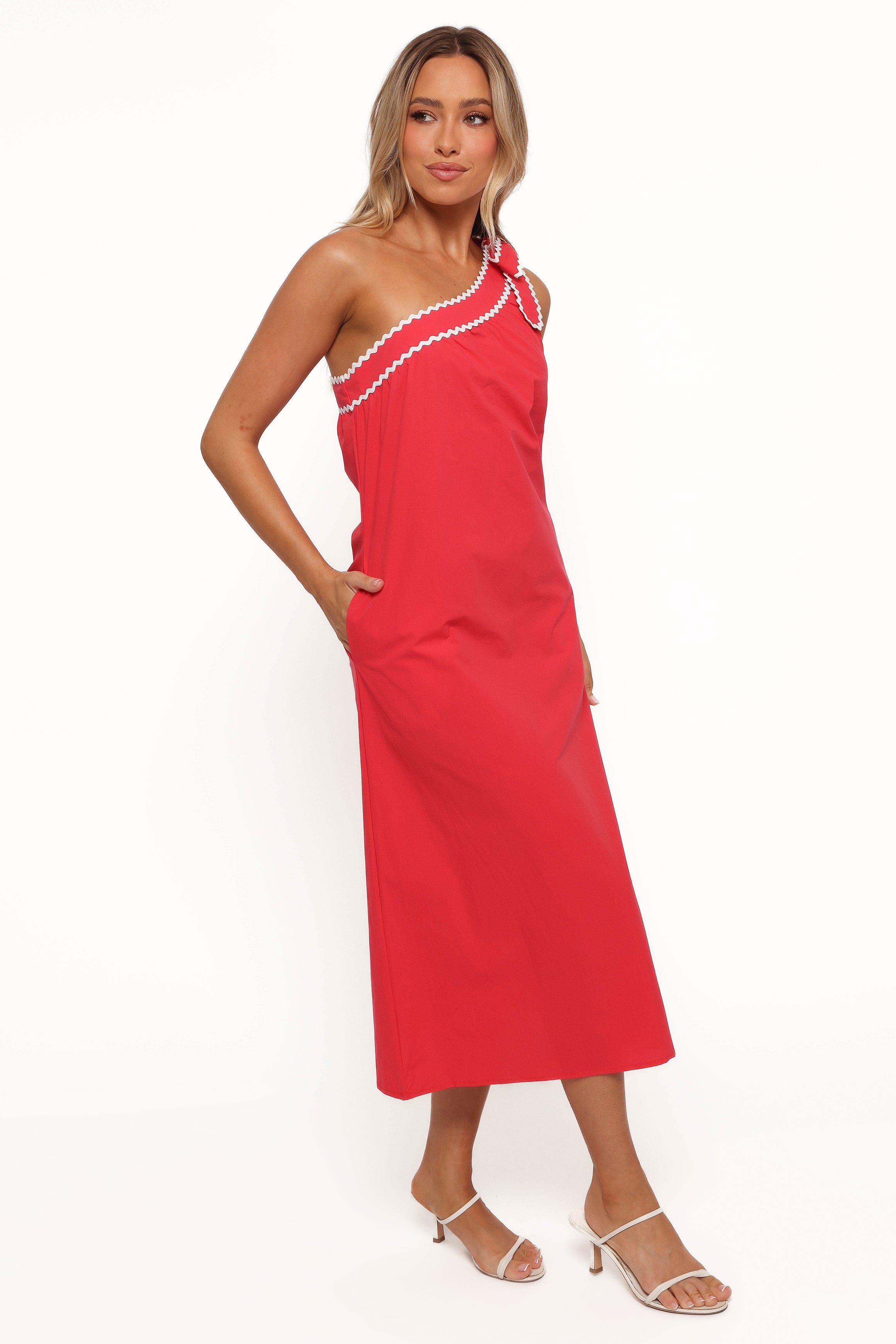Brynlee One Shoulder Midi Dress in Red & White - Elegant Cocktail Party & Summer Wedding Guest Dress