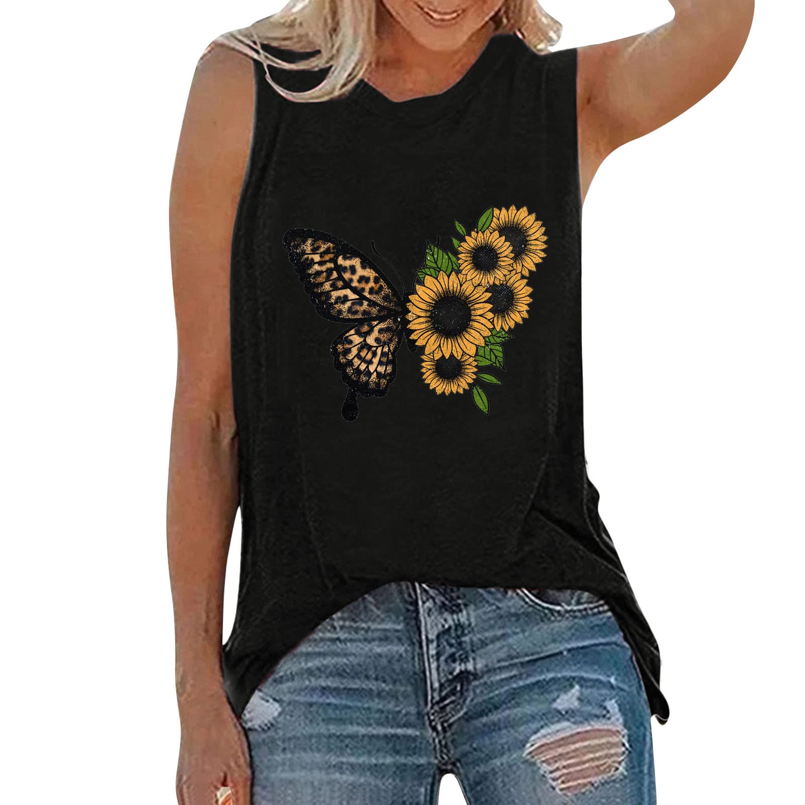 Women's Sleeveless Sunflower Print Tank Top - Loose Fit Casual Summer Blouse, O-Neck Vest Tee, Trendy Tunic Shirt for Beach, Vacation & Everyday Wear (Black, Size S)