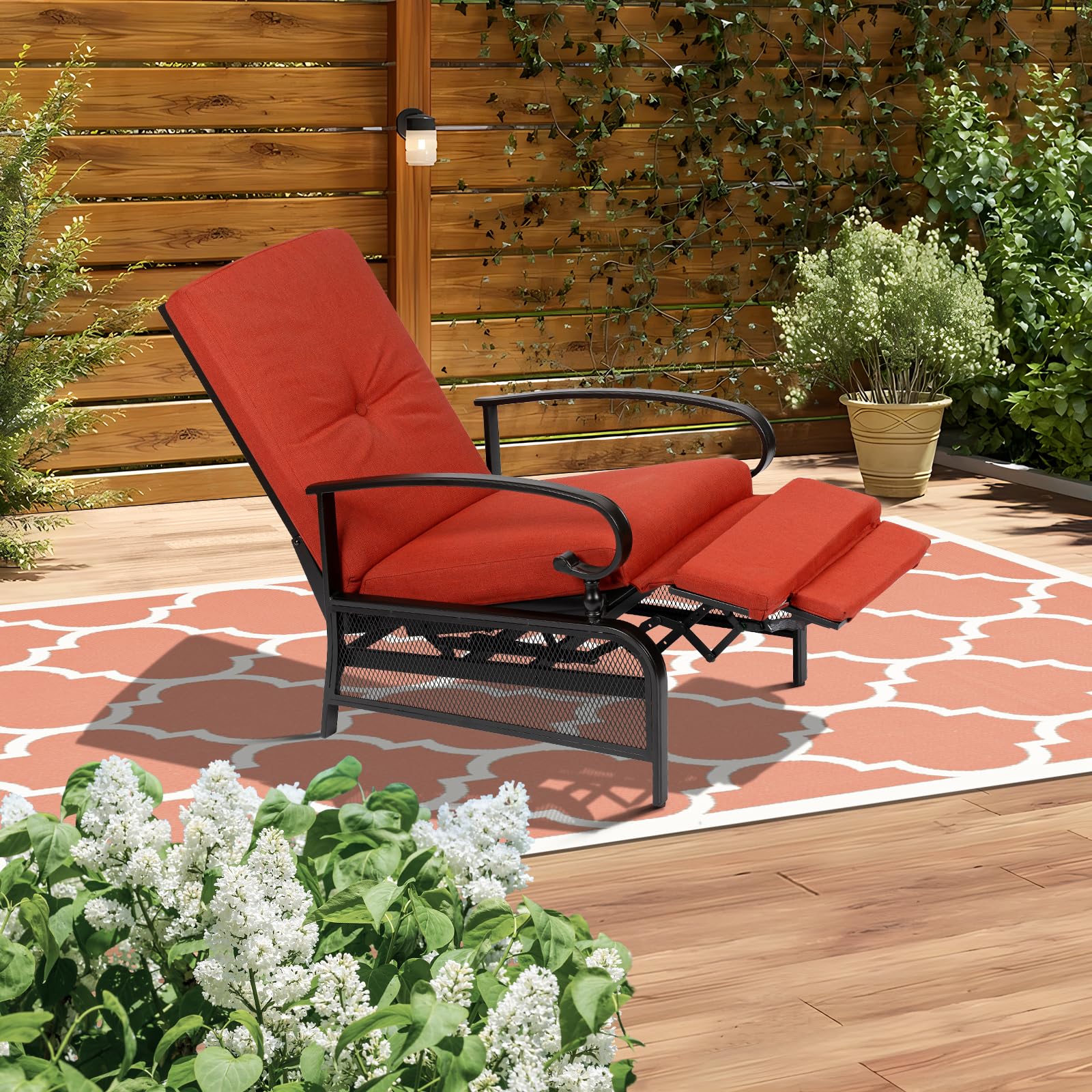 Adjustable Outdoor Lounge Chair - Patio Recliner with Removable Cushions, Durable Metal Frame, Automatic Chaise - Perfect for Poolside, Backyard & Beach Relaxation (Red)