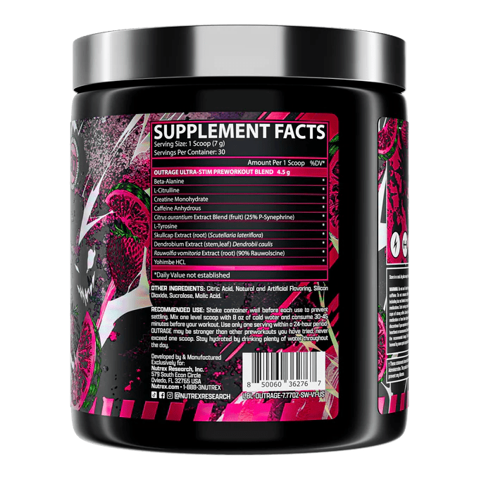 Nutrex Outrage Ultra Stim Pre Workout Powder - High Energy & Focus Supplement for Intense Workouts | Gym, Bodybuilding & Fitness Training
