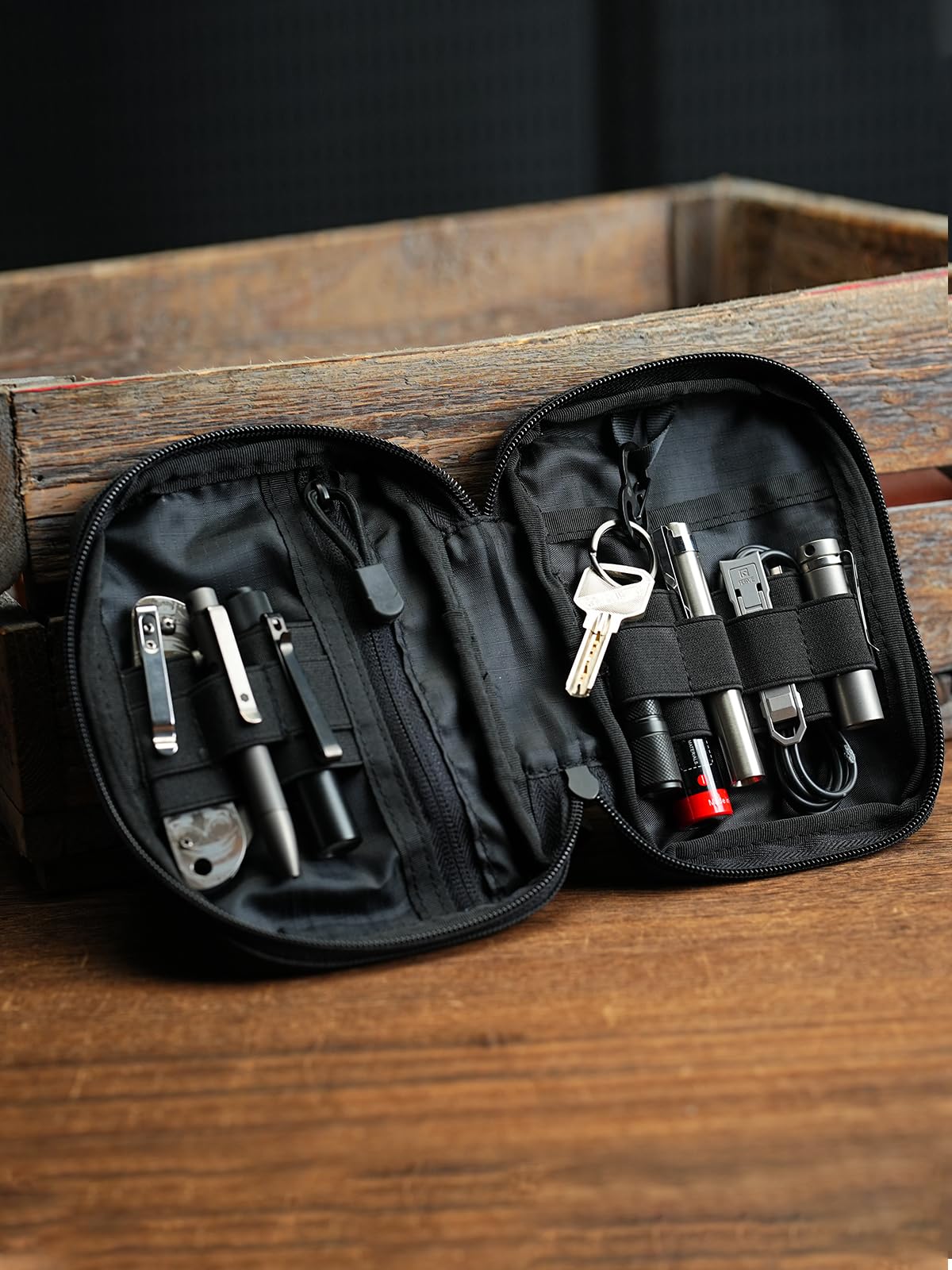 EDC Pouch Organizer - 6 Pocket Zippered Utility Pouch for Multitools & Gears with Patches Area | Compact Pocket Organizer for Everyday Carry (Black) | Perfect for Camping, Hiking & Outdoor Adventures
