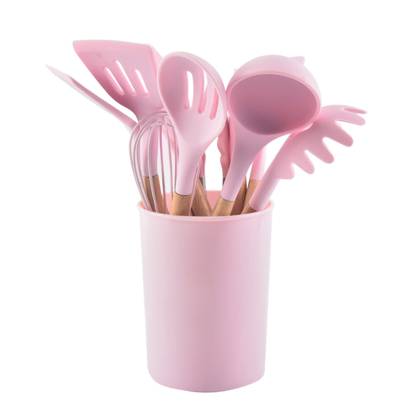 Premium 11-Piece Silicone Kitchen Utensil Set with Wooden Bamboo Handles - Non-Toxic, Non-Stick Safe Cookware Tools Including Spatula, Tongs, Turner & Ladle - Perfect for Baking, Cooking & Serving - Elegant Pink Design