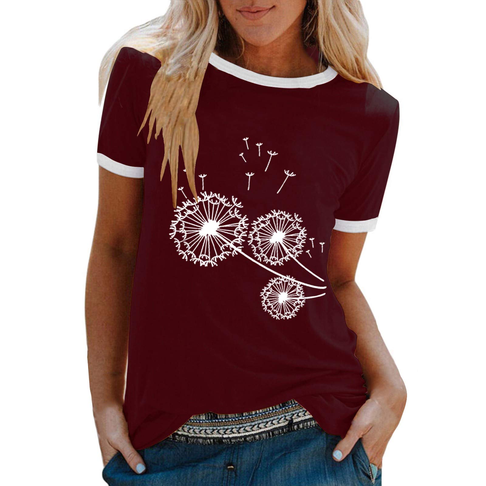 Women's Dandelion Print Crew Neck T-Shirt - Casual Basic Plus Size Summer Tops for Women | Sexy & Comfortable Everyday Wear for Outfits, Dates & Beach