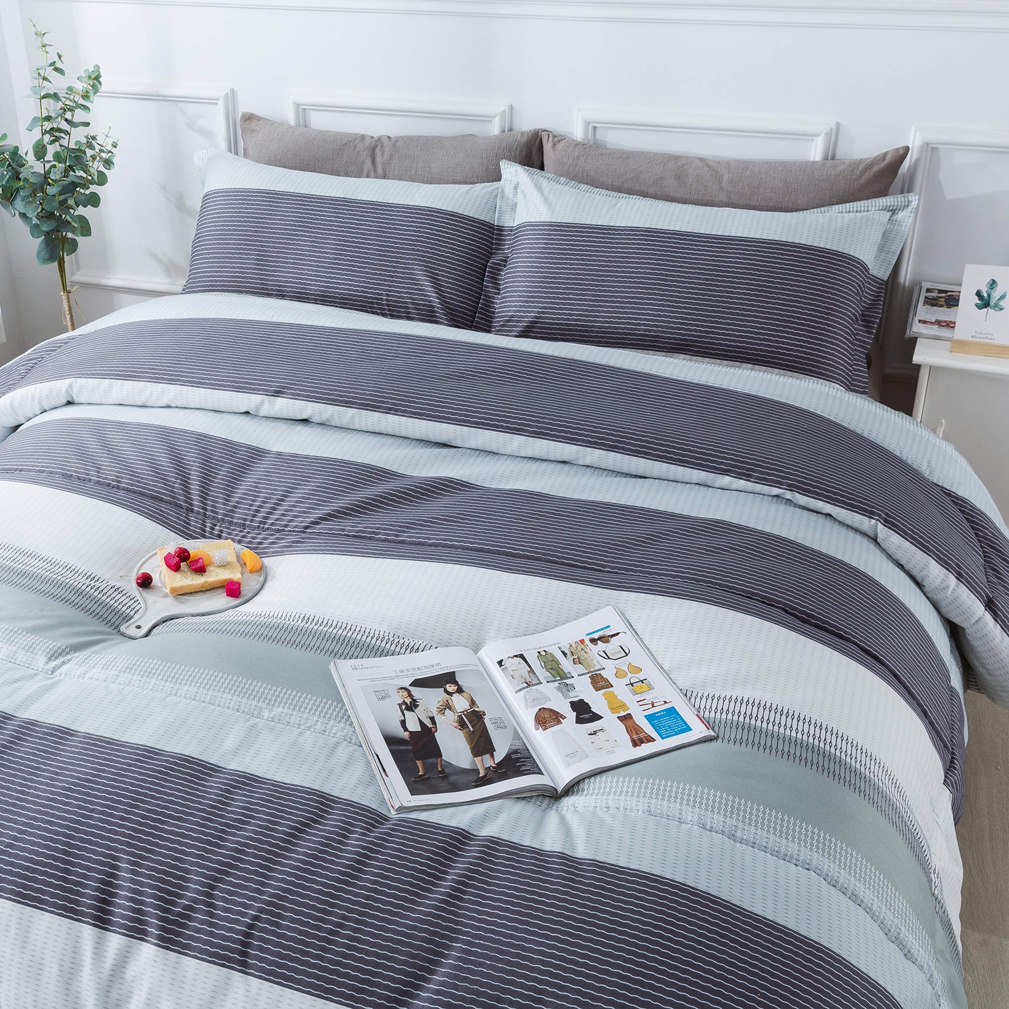 Andency Full Size Comforter Set - 3 Piece Mint Green Striped Patchwork Bedding, Soft Microfiber Down Alternative Duvet Cover with Corner Loops (79x90 Inches) - Perfect for Guest Rooms, Dormitories & Cozy Bedroom Decor