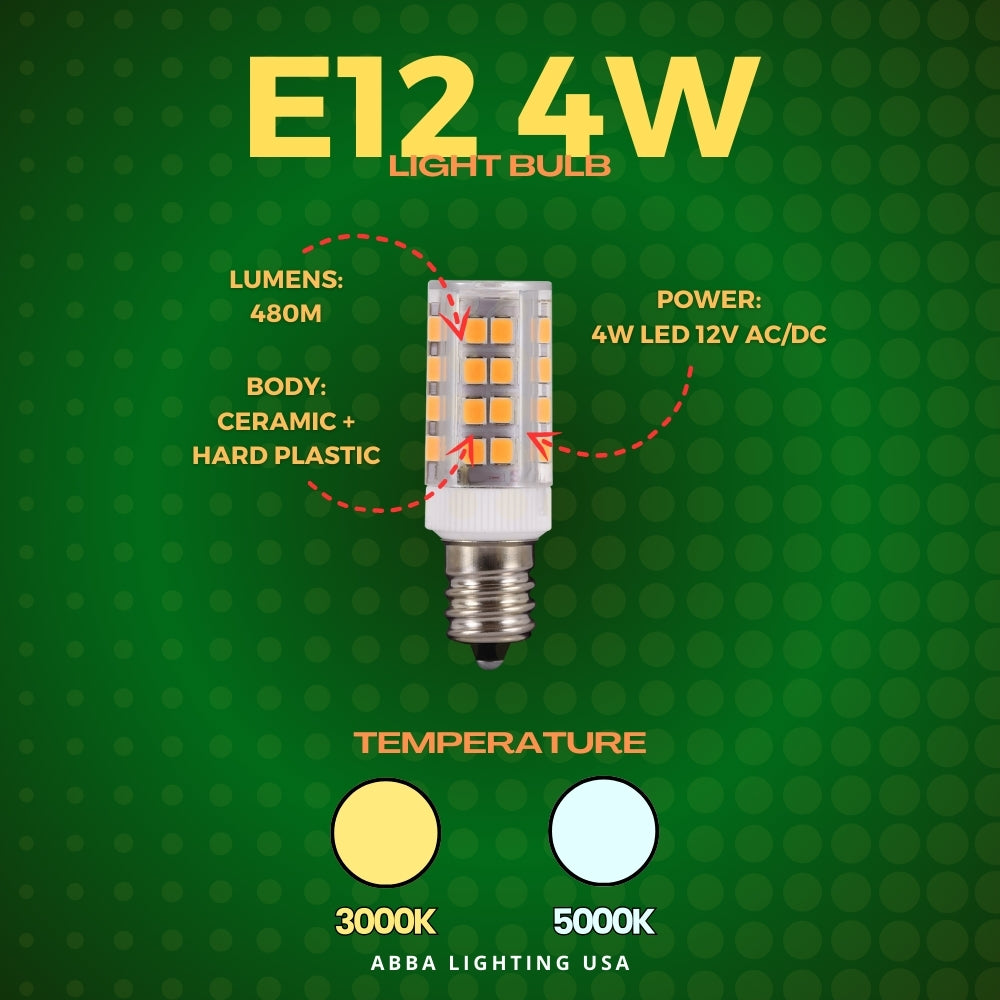 E12 4W SMD 12V Dimmable LED Light Bulbs - Energy Saving Mini Candelabra Base Bulbs for Chandeliers, Ceiling Fans, and Night Lights