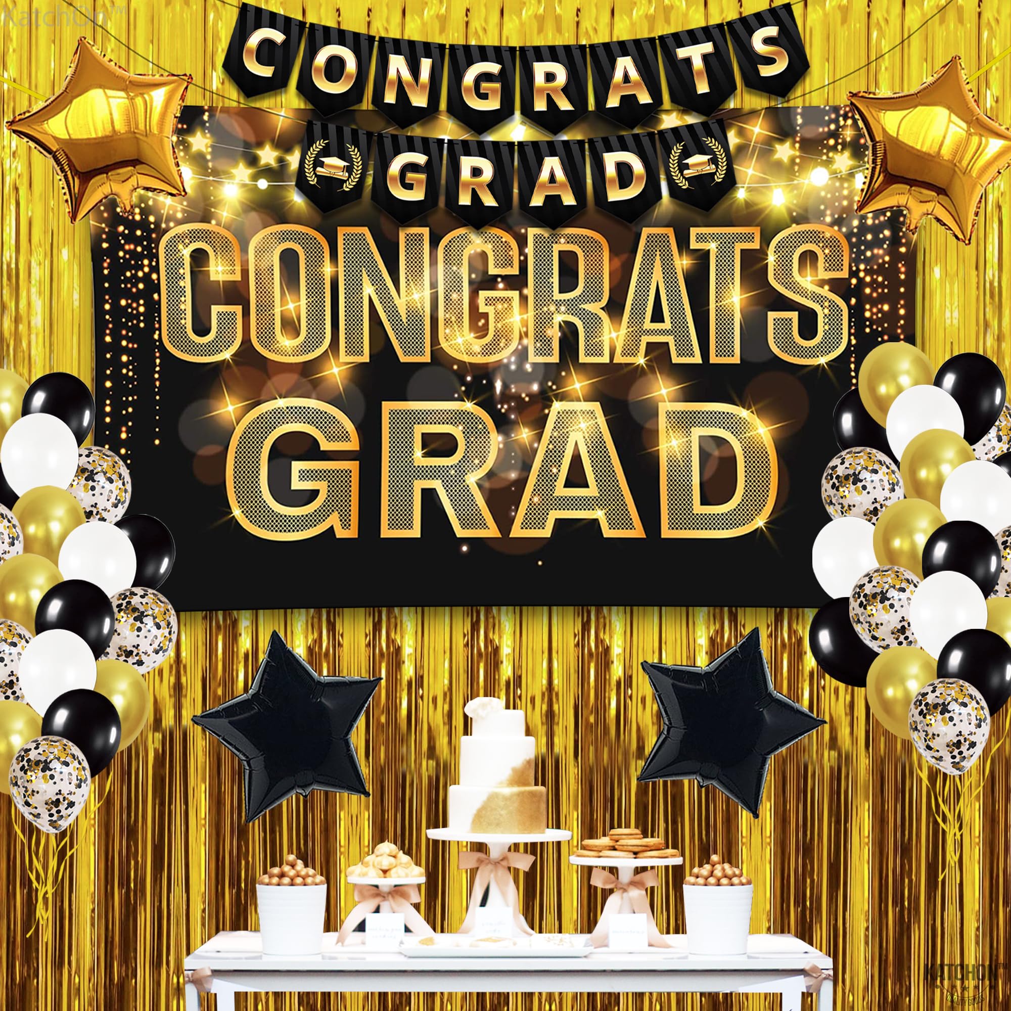 KatchOn Black & Gold Graduation Decorations Class of 2025 - 61-Piece Party Set with Congrats Grad Banner, Gold Foil Fringe Curtain & 2025 Balloons | Perfect for High School & College Graduation Parties, Photo Backdrops & Celebration Decor