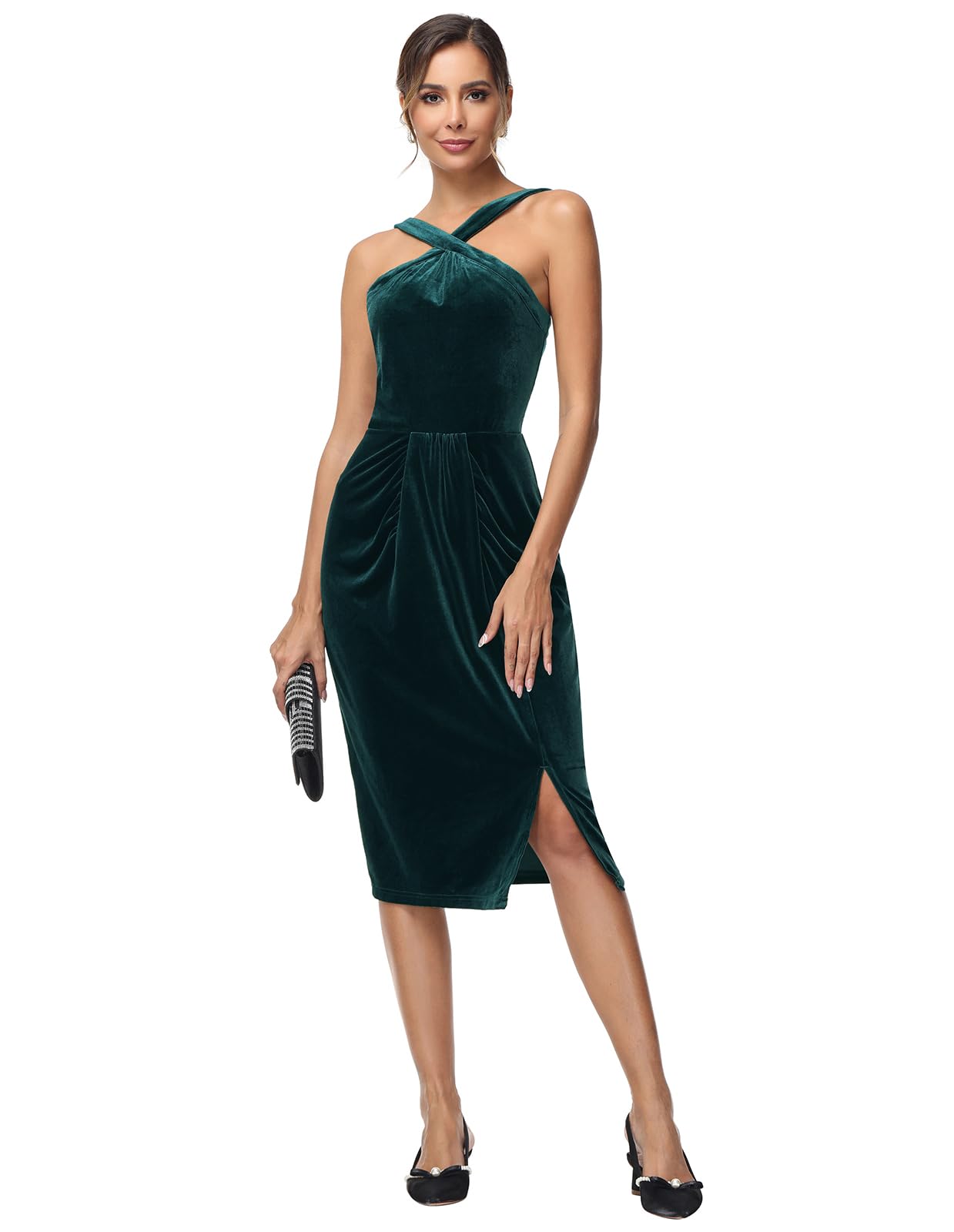 Belle Poque Women's Velvet Halter Neck Midi Dress with Slit - Elegant Formal Cocktail Dress for Parties, Weddings & Evening Events