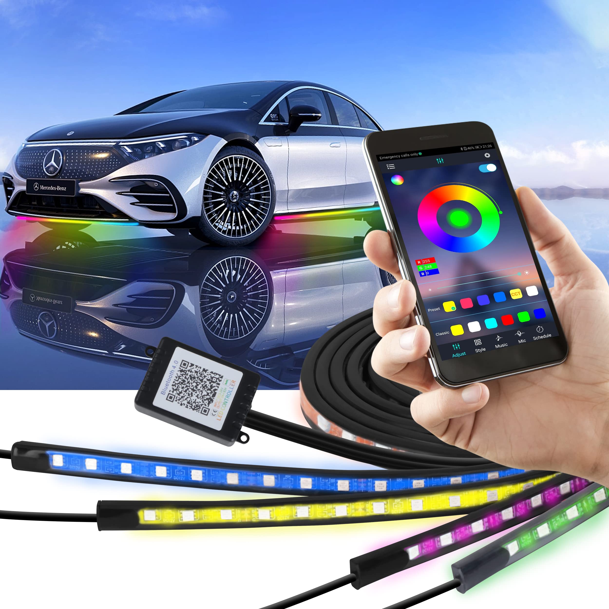 RGB Car Underglow Bluetooth Lights Kit - 180 LED 8 Million Colors with Music Sync & APP Control | Underbody Neon Accent Lighting for Cars, SUVs, Trucks | Perfect for Night Driving, Car Shows & Custom Vehicle Styling