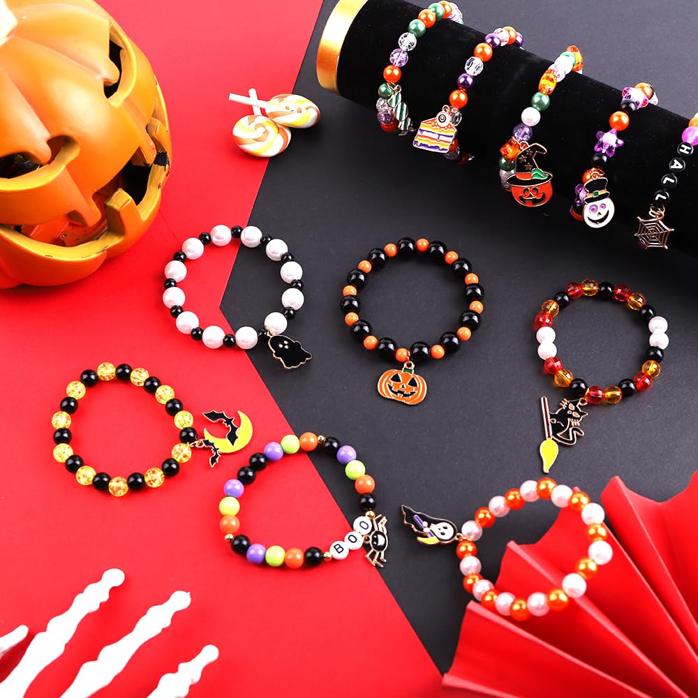 12pcs Halloween Bracelets for Kids - Trick or Treat Party Favors, Glow in the Dark Beaded Bracelets with Charms Set for Boys & Girls - Perfect for Halloween Goodie Bags, Classroom Prizes & Costume Accessories