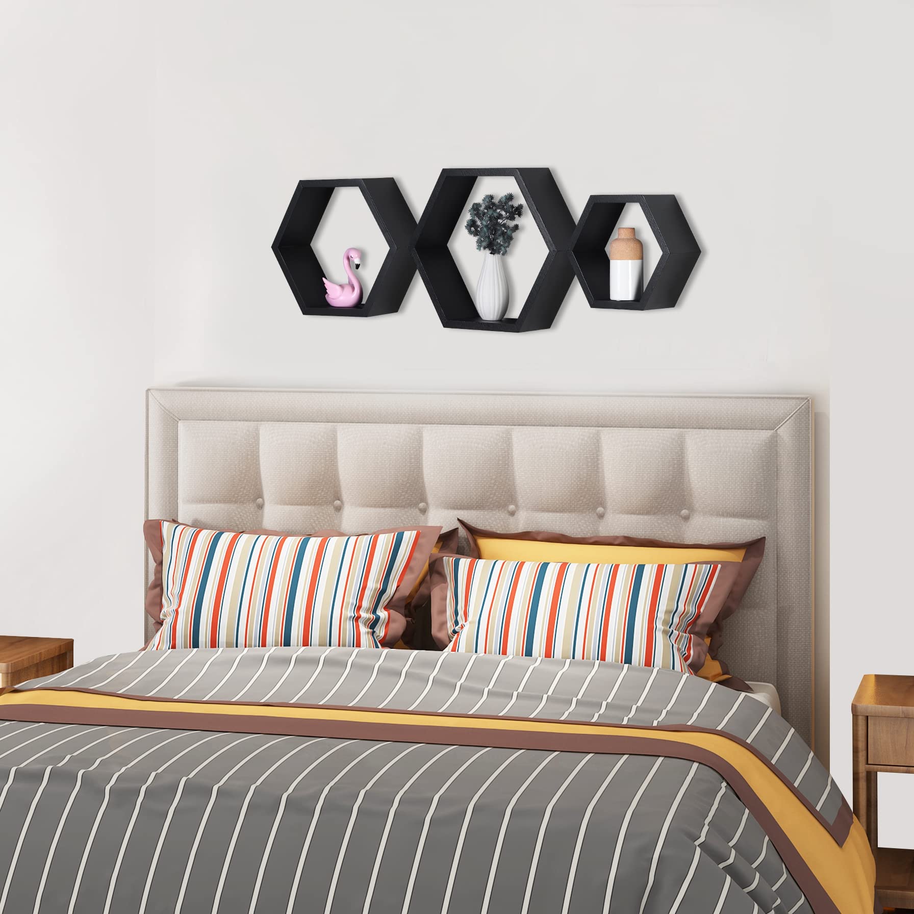 PHOENANCEE Hexagon Floating Shelves Set of 3 - Honeycomb Wall Shelves for Bathroom, Kitchen, Bedroom & Living Room | Farmhouse Style Wooden Wall Storage Shelves | Perfect for Home Decor, Organizing Essentials & Displaying Decorations
