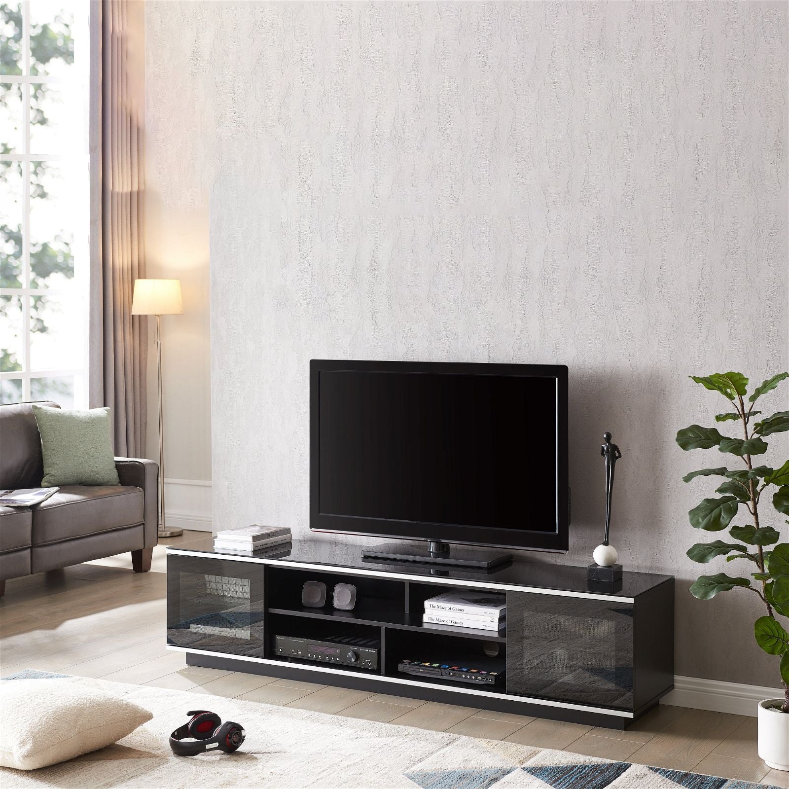 Tauris Diablo 180cm Black TV Stand with Tempered Glass - Modern Entertainment Center for Living Room, Bedroom & Home Theater