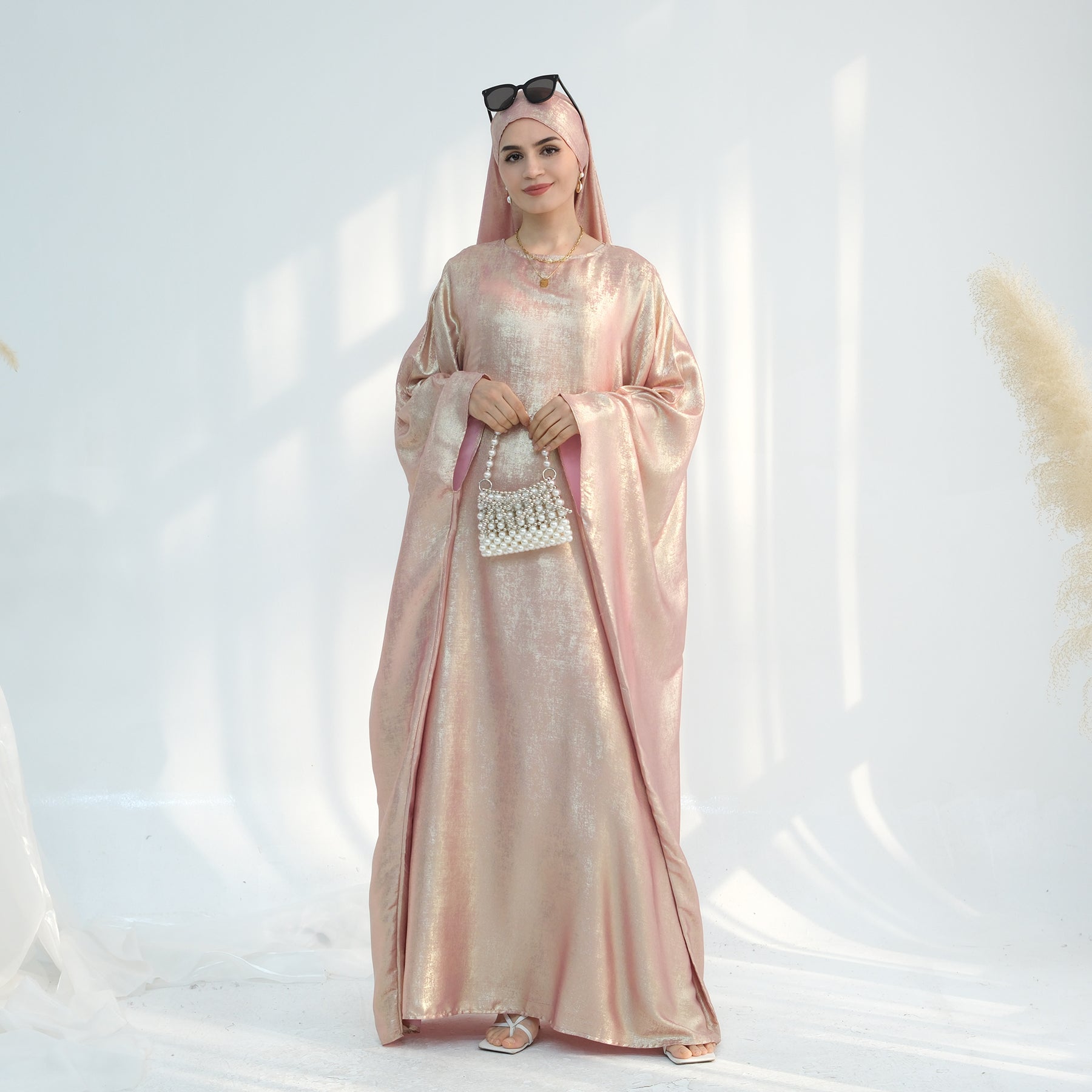 Linora Shimmer Butterfly Abaya Peach - Elegant Islamic Prayer Dress for Women | Perfect for Eid, Ramadan & Special Occasions