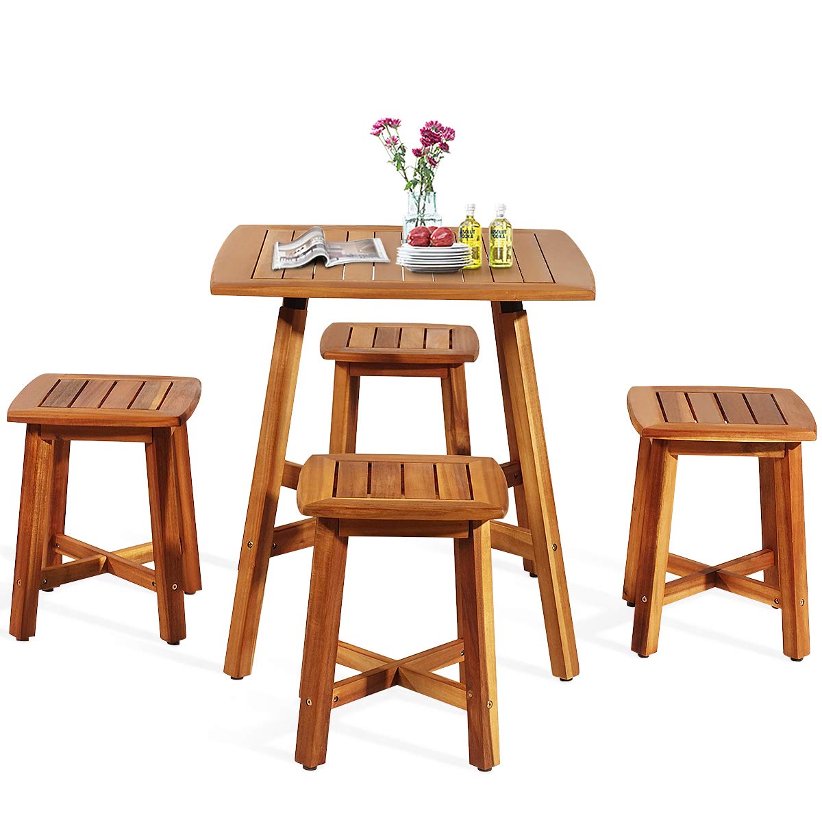 HAPPYGRILL 5-Piece Acacia Wood Outdoor Dining Set - Patio Table with 4 Stools for Garden, Porch, Backyard, Balcony & Poolside - Durable Wooden Furniture for Entertaining & Relaxing Outdoors