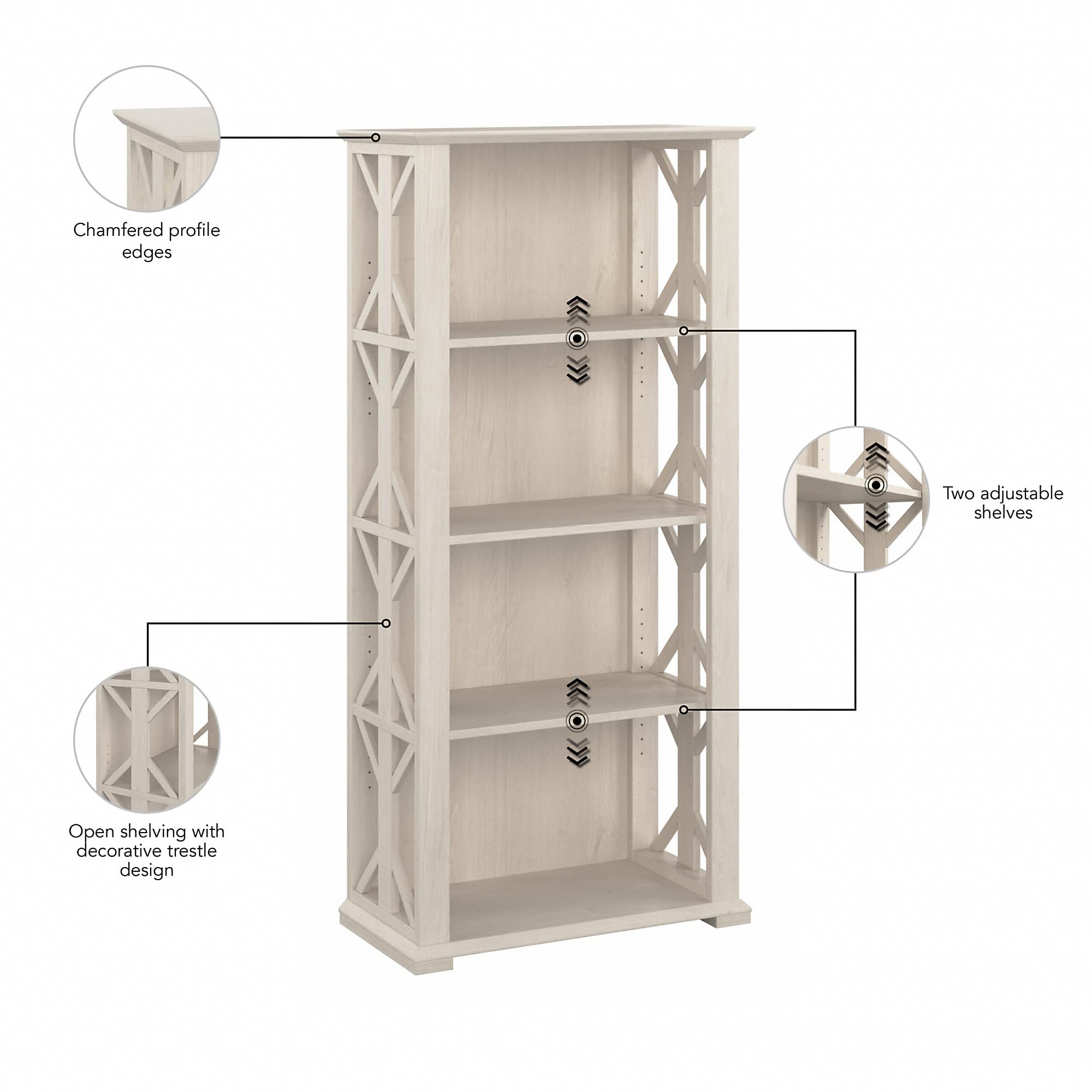 Bush Furniture Homestead 4 Shelf Farmhouse Bookcase in Linen White Oak - Vertical Office Organizer & Home Shelving Unit for Books, Decor & Storage | Perfect for Living Room, Bedroom & Home Office Organization