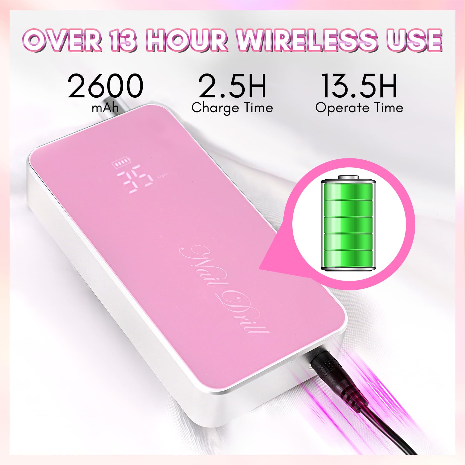 Makartt Professional Nail Drill - 35000RPM Rechargeable Electric Nail File with Coreless Motor & 6 Drill Bits Set for Acrylic & Gel Nail Removal | Perfect for Salon, Home Manicure & DIY Nail Art (Pink)