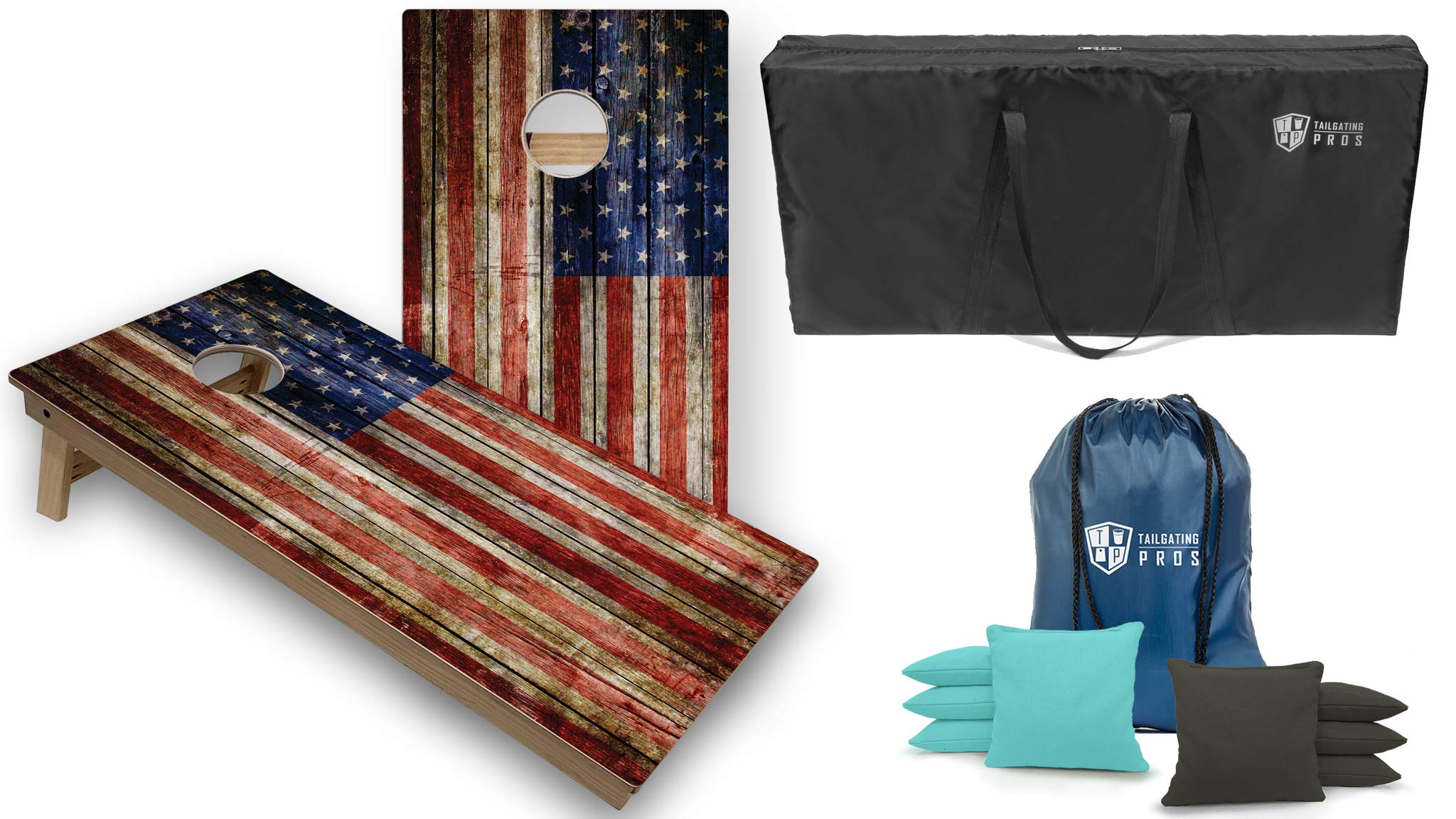 **Tournament Grade Cornhole Game Set - 2 Professional 4'x2' Rustic Flag Cornhole Boards, Carrying Case & 8 Bags (LED Lights Option) - Perfect for Tailgating, Backyard Parties & Outdoor Events**