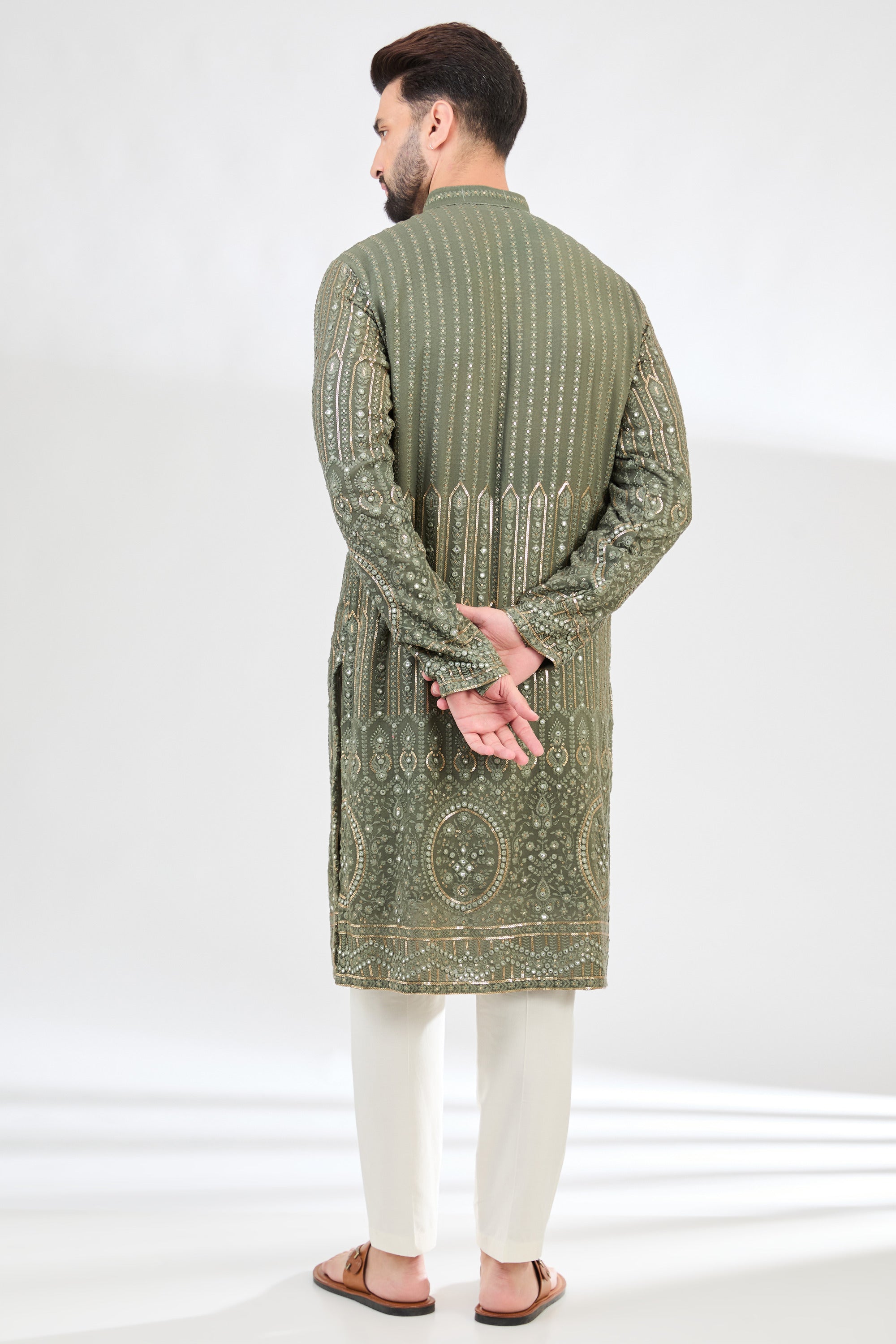 Stylish Military Green Chikankari Kurta with Intricate Ghera Embroidery - Perfect for Ethnic Wear, Festivals & Special Occasions