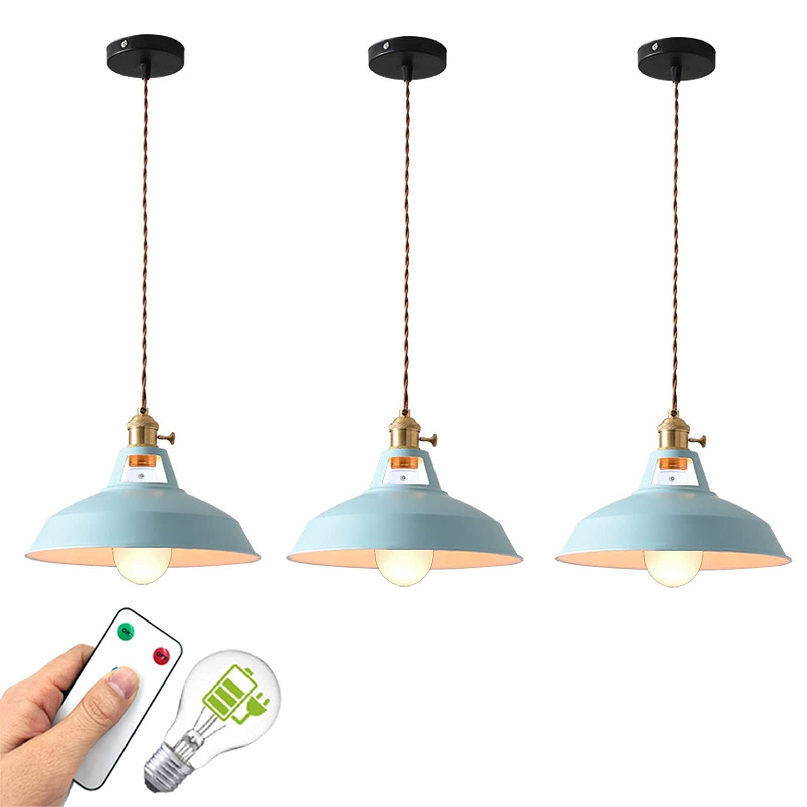 Modern 3-Pack Rechargeable Battery Operated Pendant Lighting for Kitchen Island - 400 Lumens LED Hanging Lights with Remote Control (Blue) - Perfect for Dining Room, Bar Counter, and Bedroom Decor