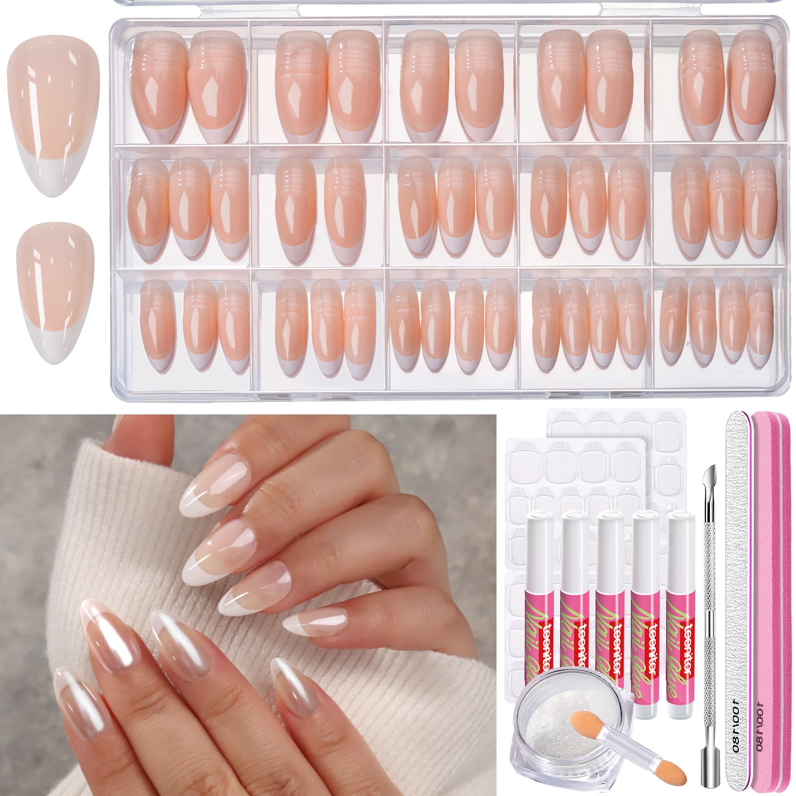 Short French Tip Press on Nails - 15 Sizes Almond Fake Nails with Gel Finish | Perfect for Daily Wear, Parties & Special Occasions