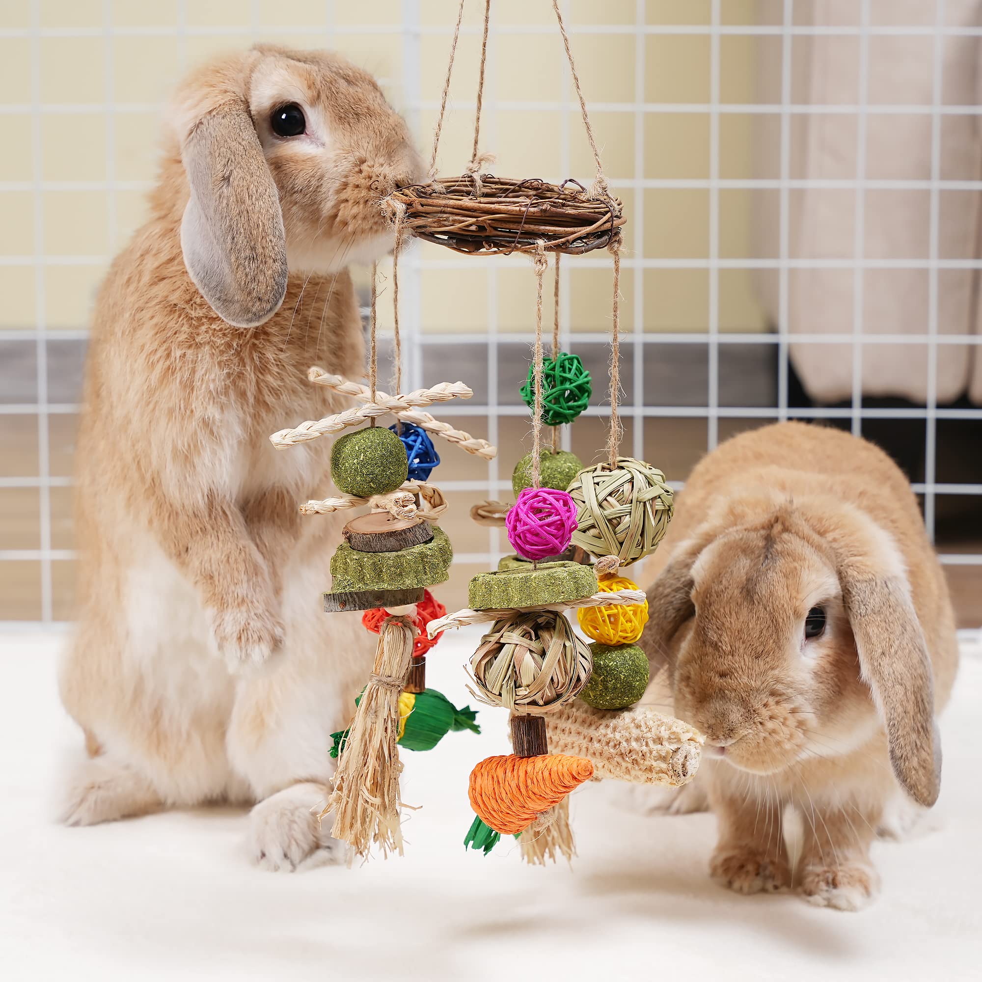 Natural Rattan Chew Toys for Rabbits, Guinea Pigs & Small Pets - Teeth Grinding Treats with Hanging Ring for Cage | Safe Bunny Chew Toys for Dental Health & Stress Relief - Perfect for Playtime & Cage Enrichment