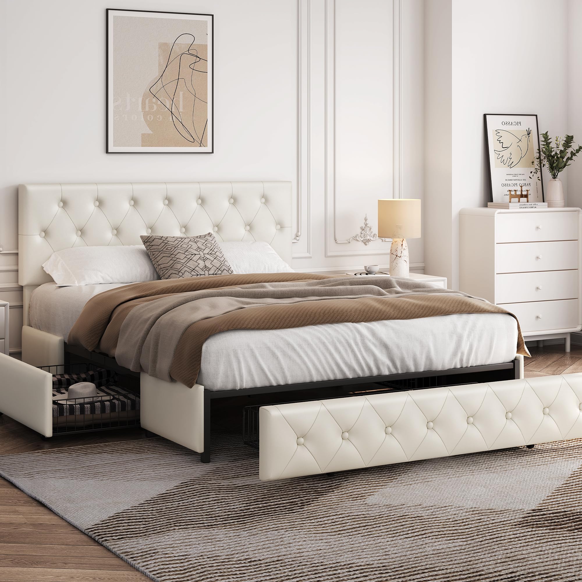 Yaheetech Queen Upholstered Bed Frame with Adjustable Diamond Button-Tufted Headboard & 3 Storage Drawers - Sturdy Wood Slat Support, Beige Platform Bed for Bedroom, Guest Room or Dorm