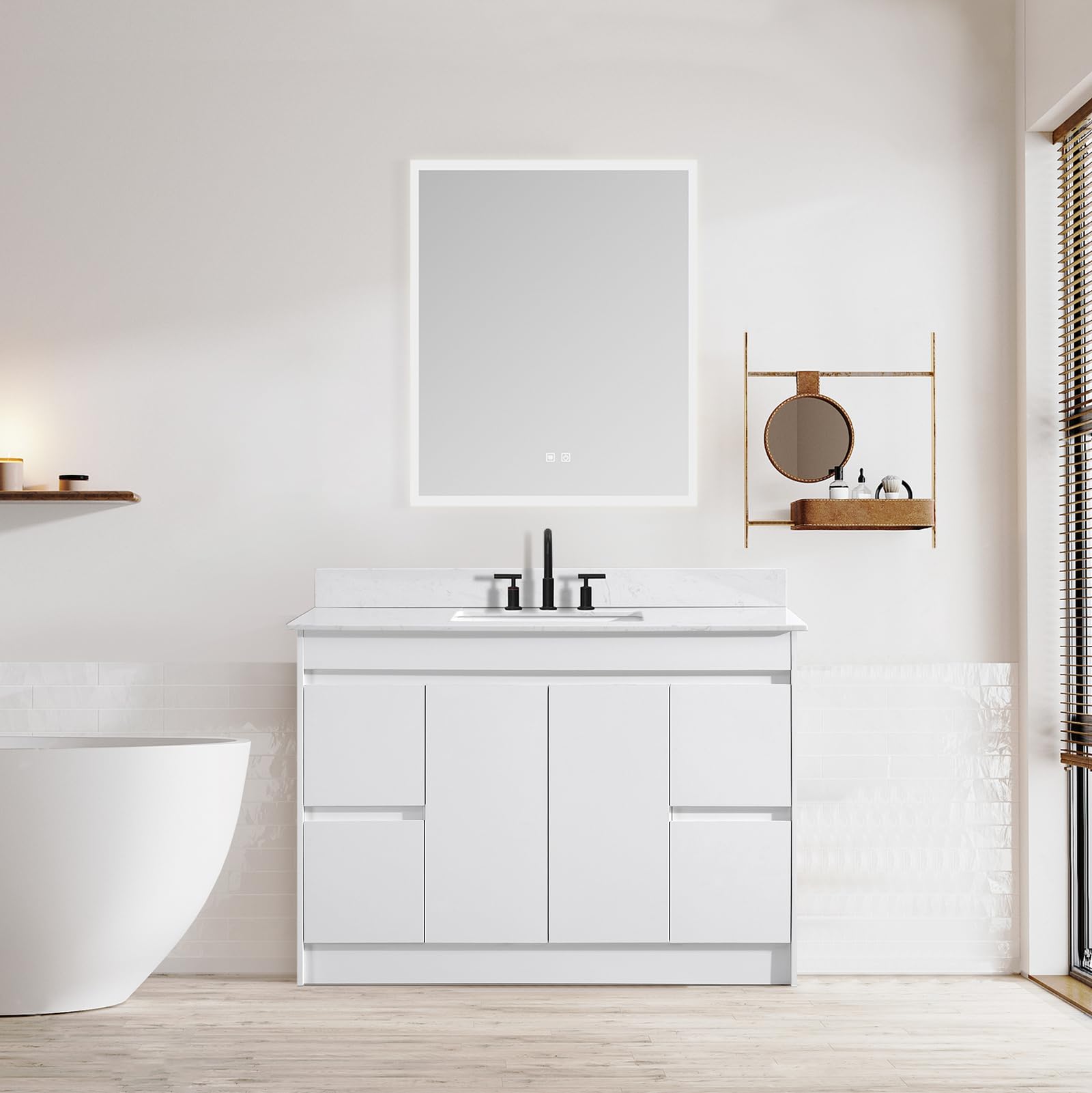 48 Inch White Bathroom Vanity with Sink Combo - Undermount Stone Top & Ceramic Sink, Thick Wood Cabinet with Soft Closing Doors & Drawers - Perfect for Modern Bathrooms, Master Bath Suites & Home Renovations