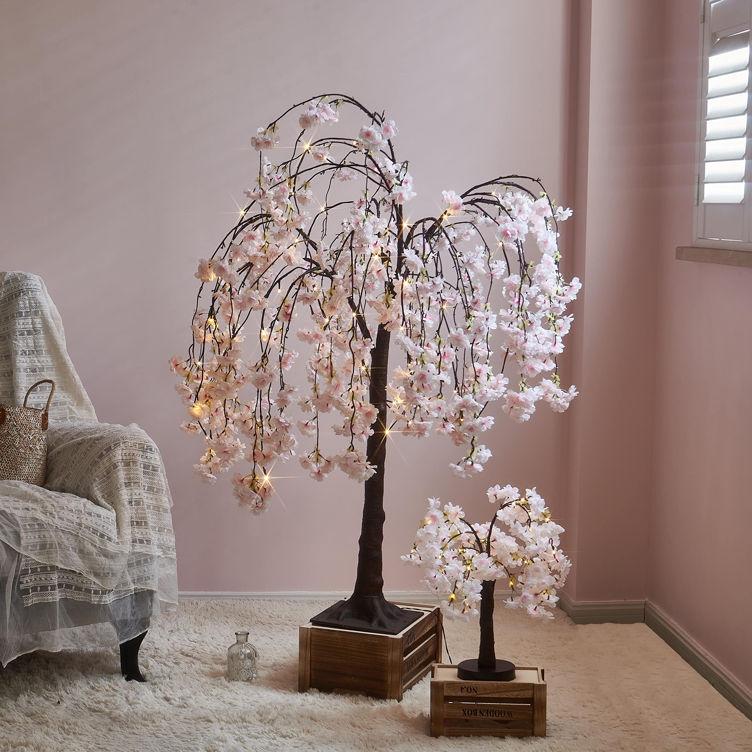 BAOLITVINE 4FT Lighted Faux Weeping Cherry Tree with 180 Warm White Fairy Lights - Artificial Flower Tree for Wedding, Birthday Party, Home, Garden, Indoor & Outdoor Decor - Perfect for Romantic Nights, Holiday Displays and Special Occasions