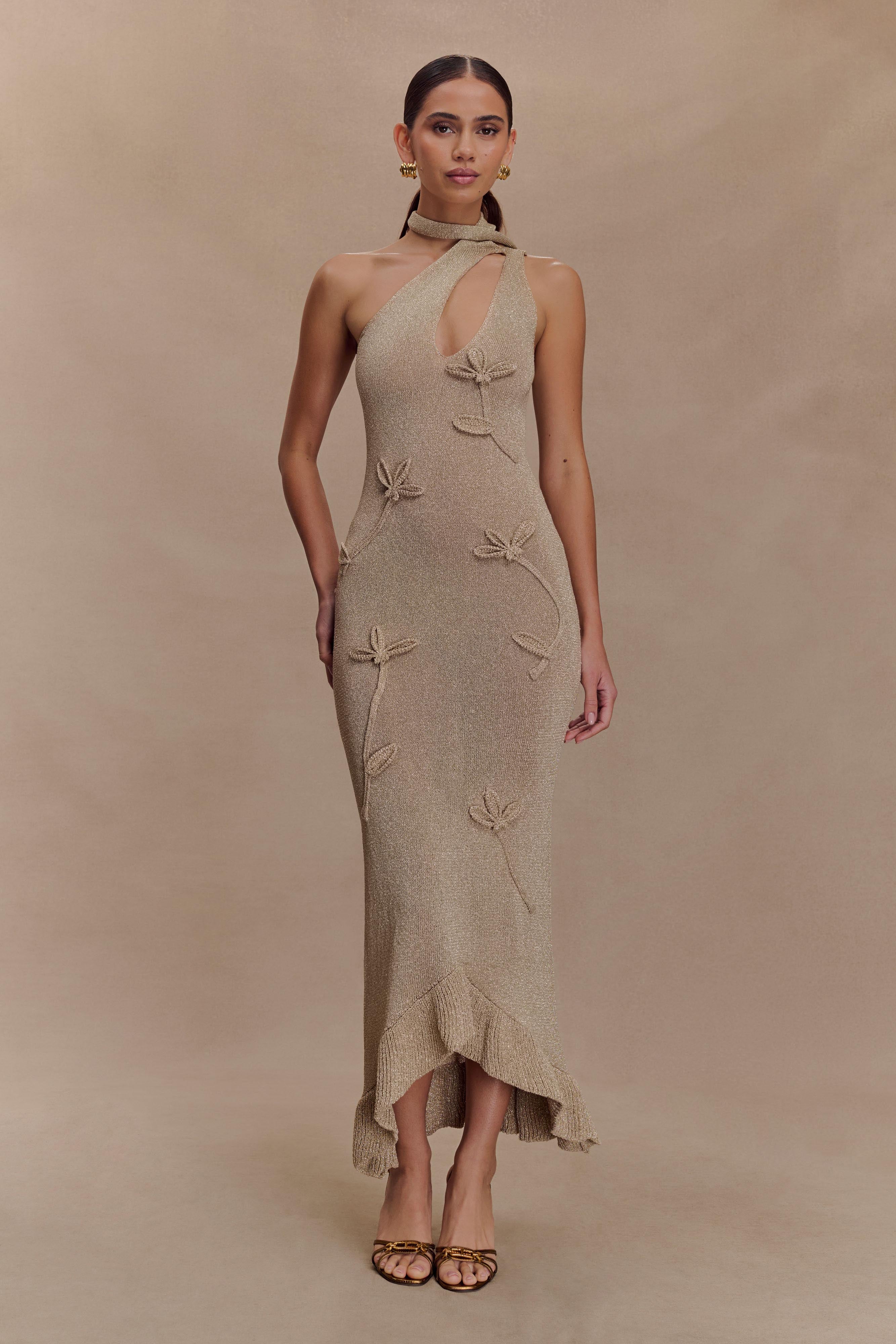Celestino Floral Metallic Knit Maxi Dress in Gold - Elegant Evening Gown for Parties, Weddings & Special Occasions