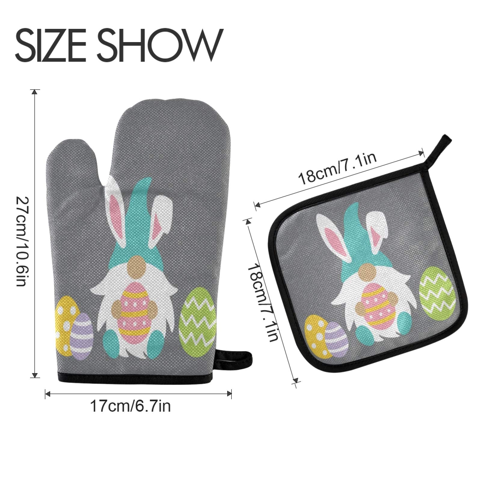 Cute Bunny Gnome Oven Mitts and Pot Holders Set - Heat Resistant Kitchen Gloves for Baking, Cooking & BBQ - Easter Home Decor & Gift Idea