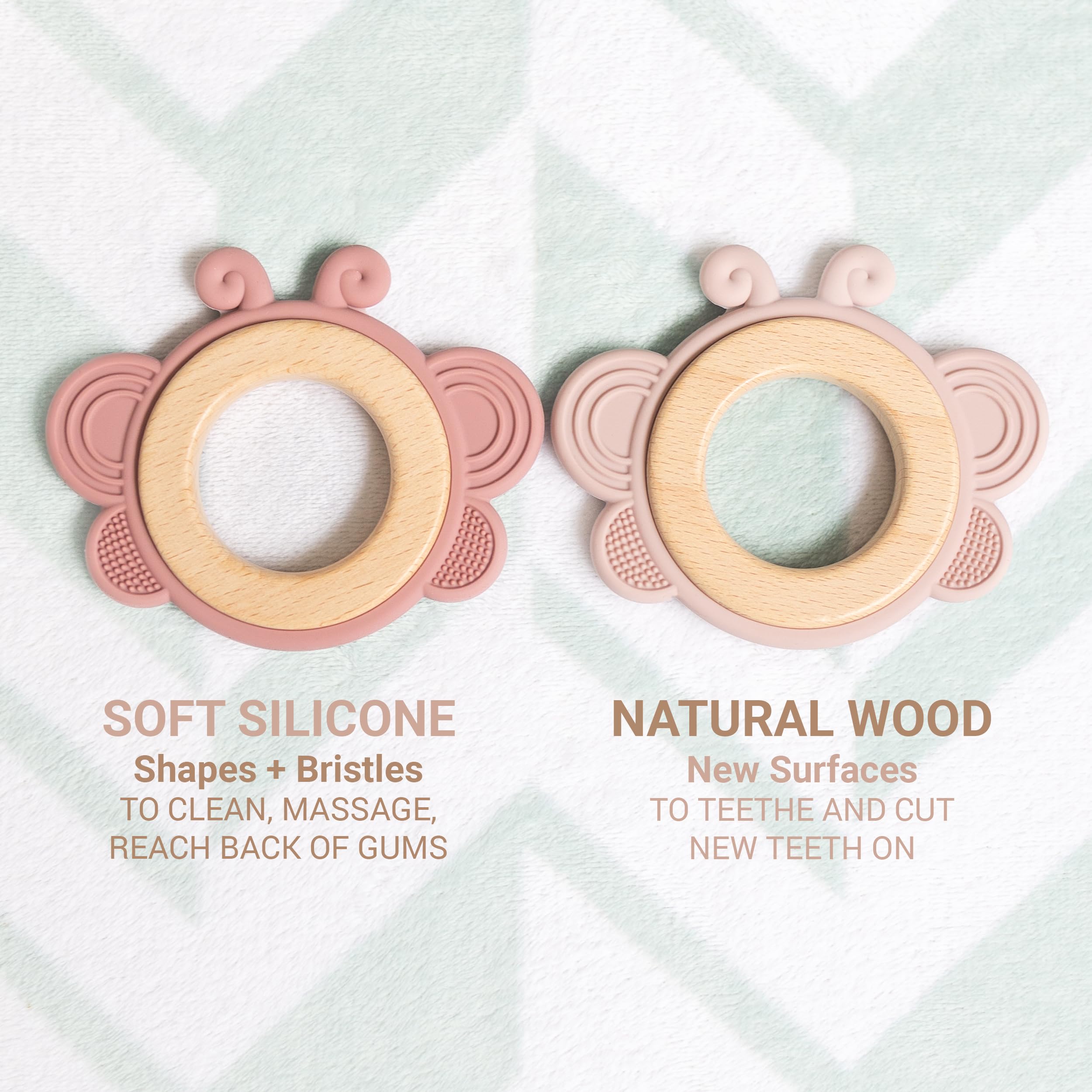 Personalized Baby Girl Teething Toy - Custom Wood & Silicone Teether Ring with Laser Engraved Name - Natural Baby Gift for New Parents with Gift Bag (Pink, Butterfly) - Perfect Baby Shower Gift & Newborn Teething Relief