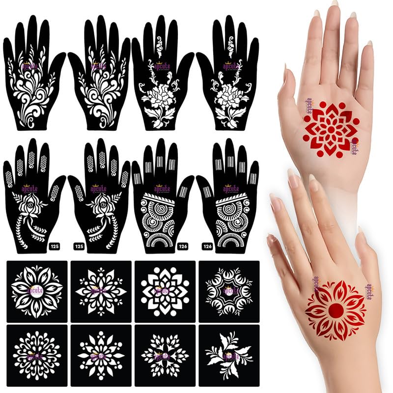 APCUTE 18-Piece Combo Pack Henna Tattoo Stencils for Women, Girls & Kids - Easy DIY Mehndi Design Stickers (18PC-25-26-125-126) - Perfect for Parties, Weddings & Festivals