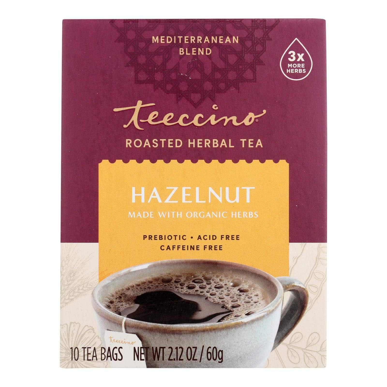 Organic Teeccino Herbal Coffee Hazelnut Flavor - Caffeine-Free Coffee Alternative - 10 Tea Bags (Pack of 6) - Perfect for Morning Brew, Afternoon Pick-Me-Up & Healthy Lifestyle