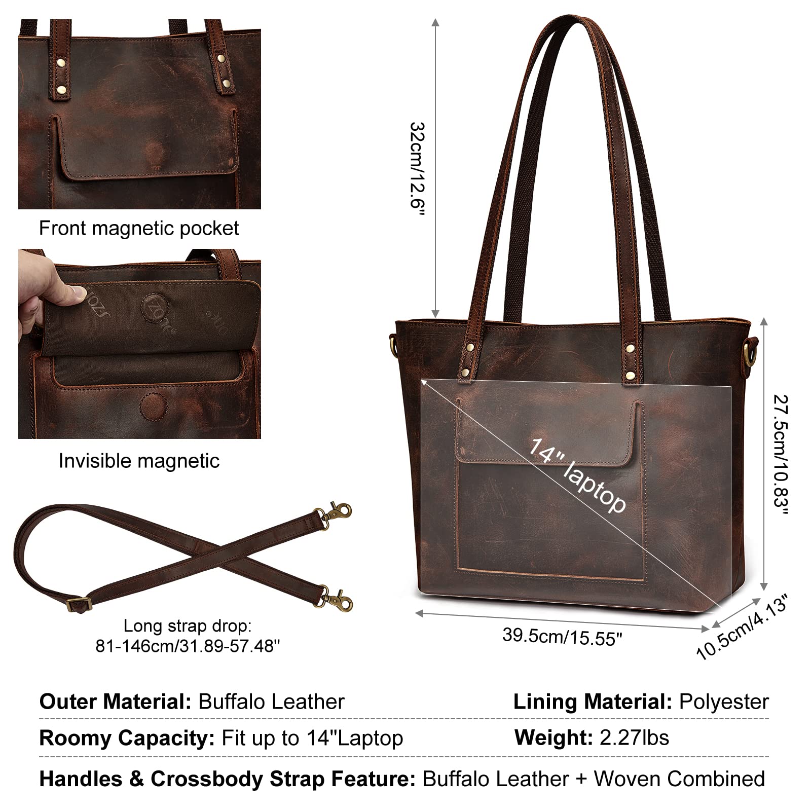 S-ZONE Genuine Leather Tote Bag for Women with Matching Distressed Shoulder Bucket Purse - Stylish Handbag Set for Work, Travel & Everyday Use