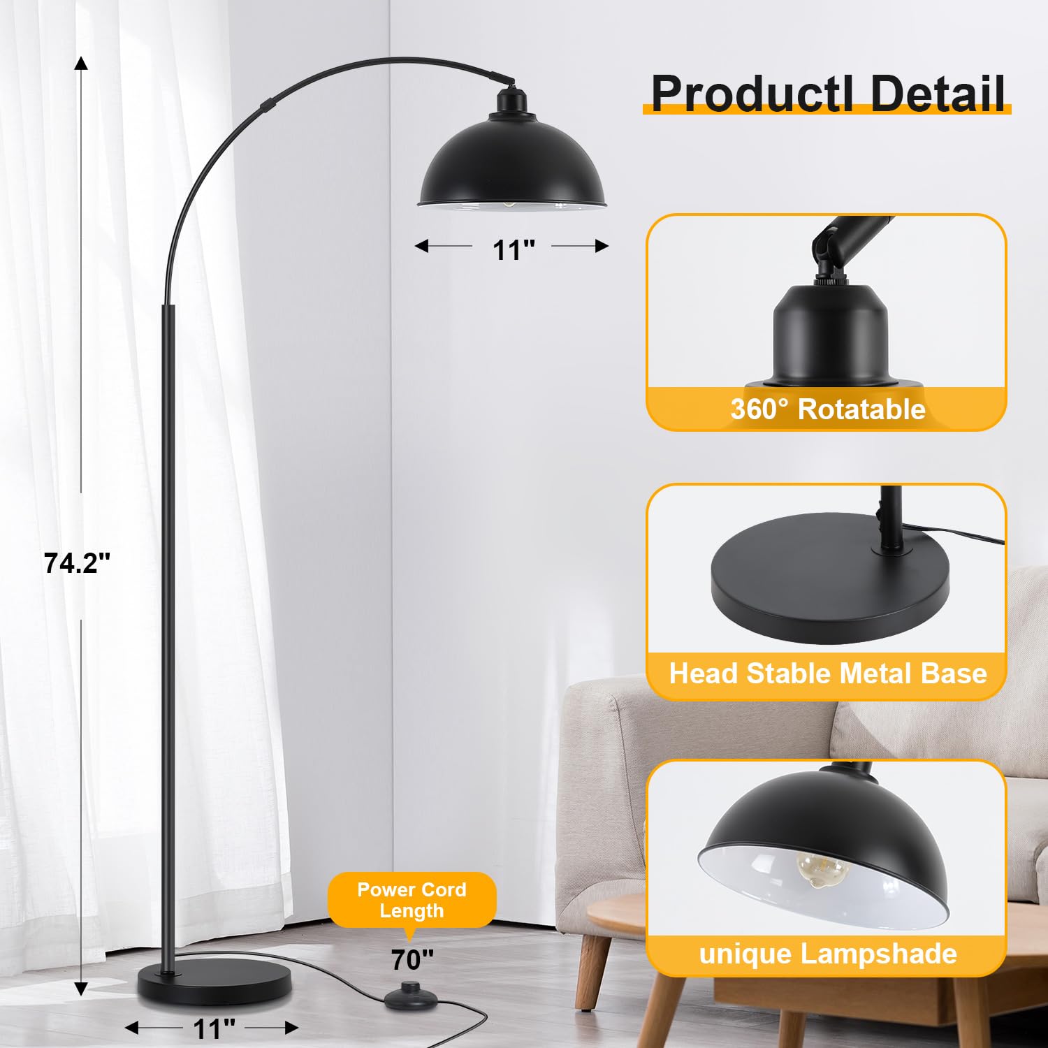 9MMML Arc Floor Lamp - Modern Farmhouse Industrial Standing Light with 360° Rotatable Arm & Metal Shade, Black Tall Lamp for Living Room, Bedroom, Office & Sofa Areas (Bulb Included) - Perfect for Reading, Working & Ambient Lighting