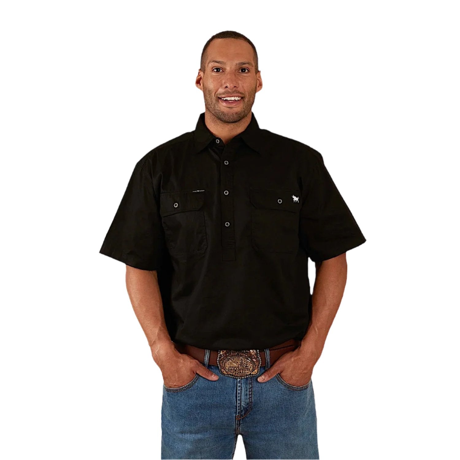 Ringer's Western Men's Pack Saddle Short Sleeve Half Button Work Shirt - Black | Durable Cowboy Shirt for Ranch Work, Rodeo & Outdoor Activities