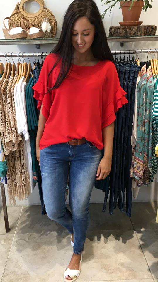 Jaz Ruffle Sleeve Women's Blouse - Elegant Red Tops for Casual Wear & Date Night Outfits