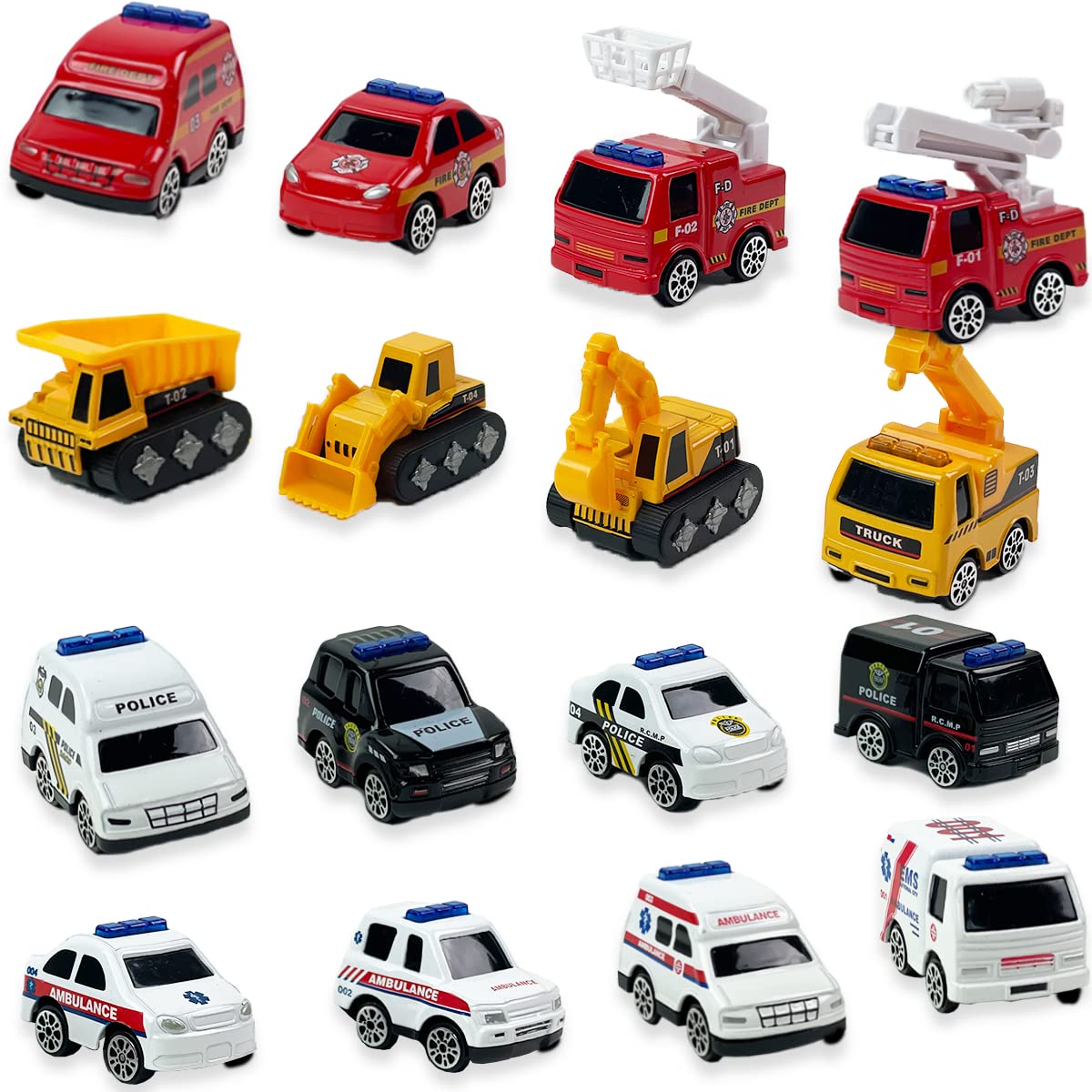 16-Piece Diecast Metal Toy Car Set with Police, Construction, Ambulance & Firetruck Vehicles - Durable Mini Trucks in 4 Storage Tubes - Perfect Gift for Kids, Birthday Party Favors & Pretend Play - Great for Home, School & Travel Playtime