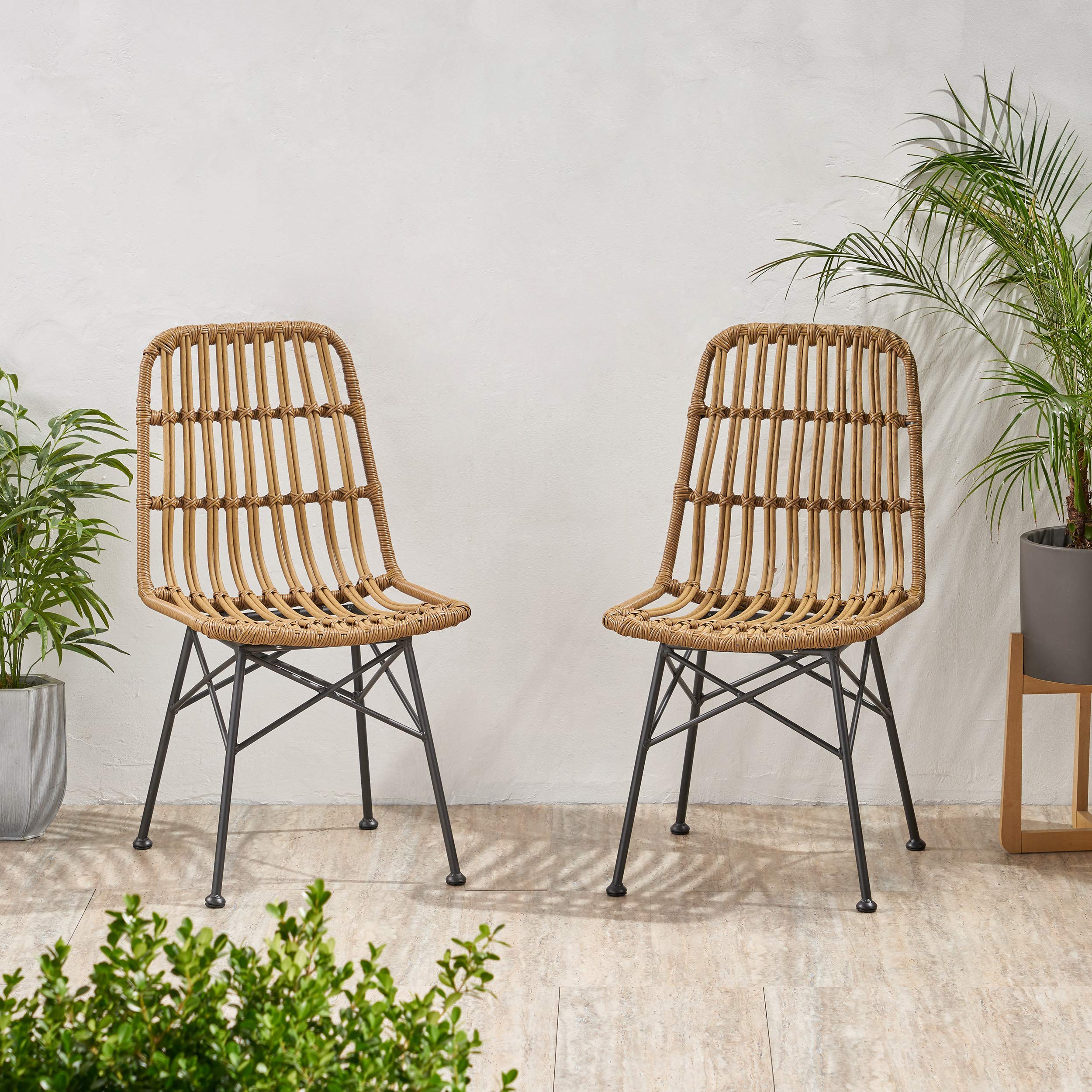 GDFStudio Outdoor Wicker Dining Chairs Set of 2 - Light Brown & Black Patio Furniture - Perfect for Backyard, Garden, and Poolside Dining