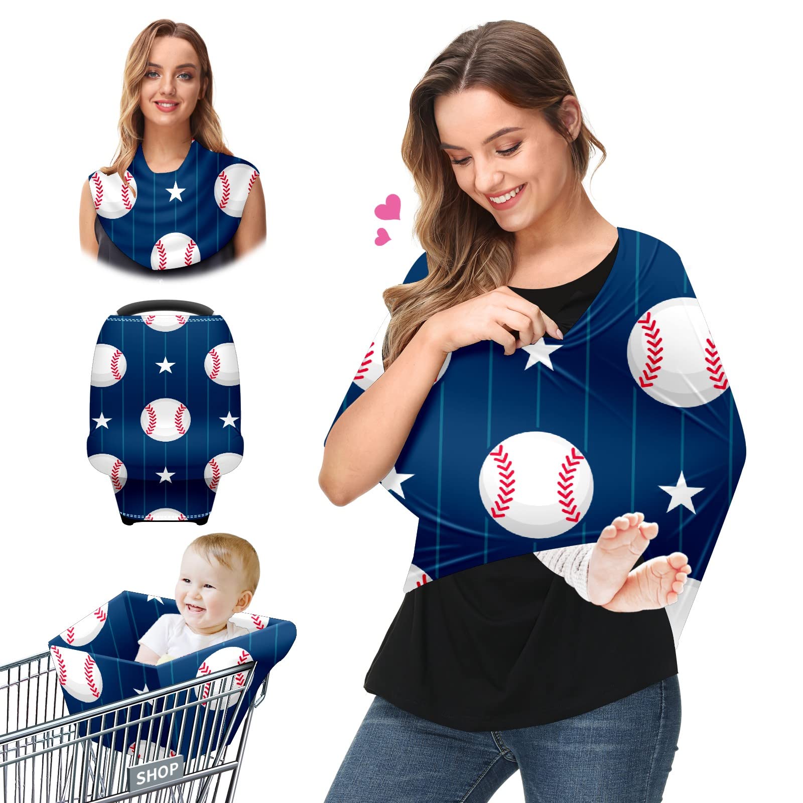 Premium Baby Car Seat & Stroller Cover - Baseball Stars Stripes Design | Soft Stretchy Nursing Cover for Breastfeeding | Universal Infant Car Canopy for Boys & Girls | Perfect for Travel, Shopping & Outdoor Activities