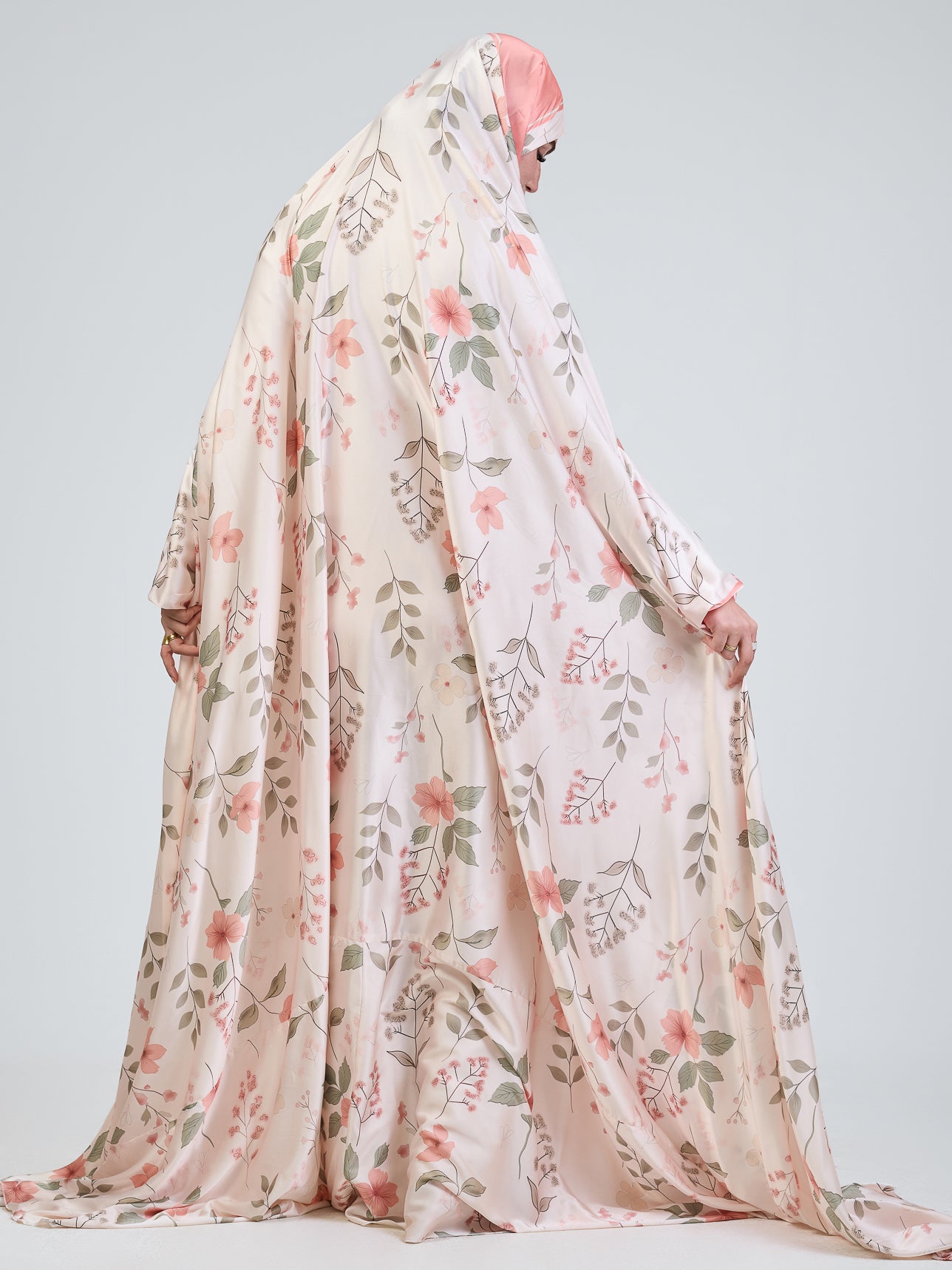 Elegant Satin Floral Prayer Gown with Elastic Cuffs - Women's Modest Sleepwear for Church, Home Worship & Special Occasions
