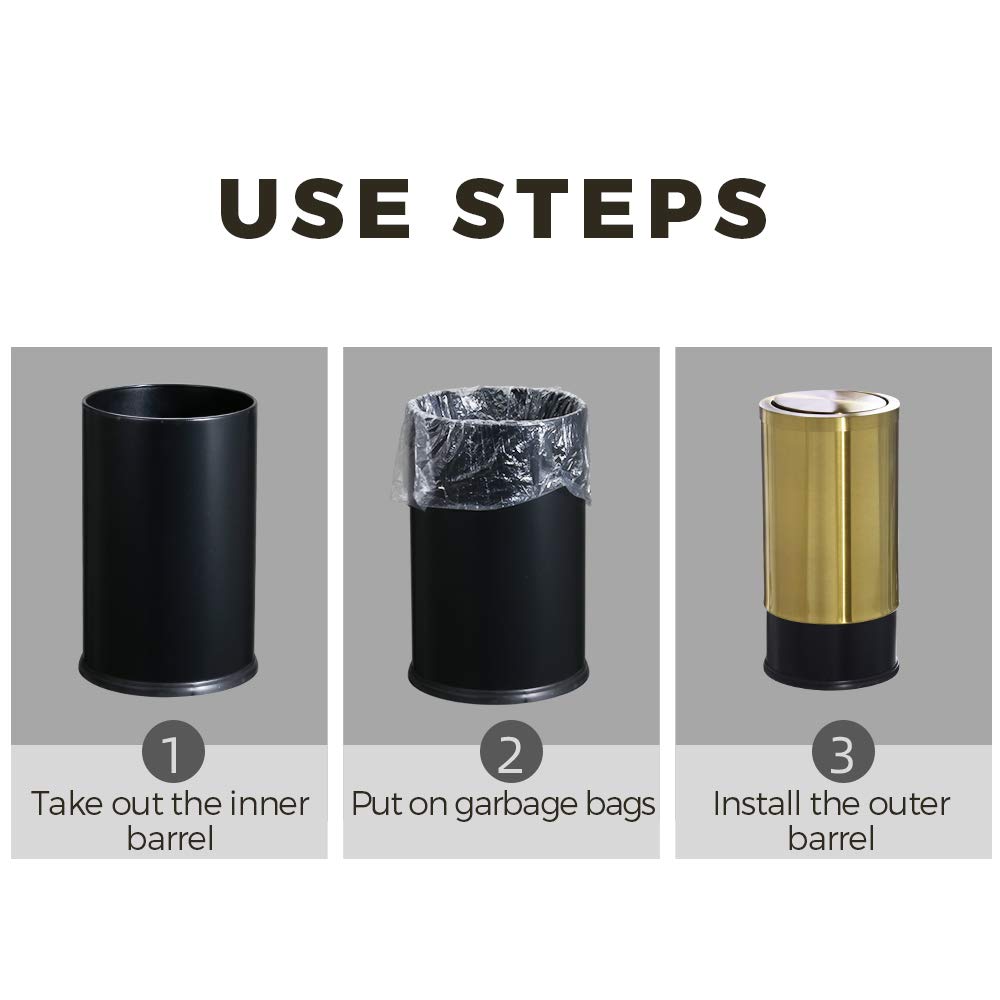 Stainless Steel Trash Can with Flip Lid - 9L for Kitchen, Bathroom & Bedroom - Metallic Gold