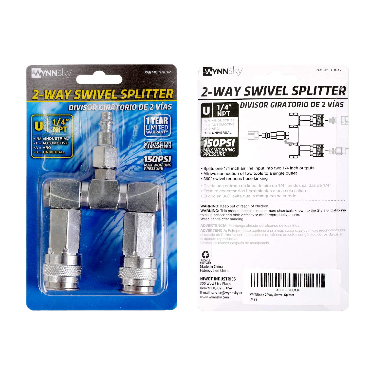 WYNNsky 2-Way Air Hose Splitter Quick Connect Manifold with 2 Universal Couplers & 1 Industrial Plug - Swivel Air Compressor Fittings for Tire Inflation, Pneumatic Tools & Workshop Use