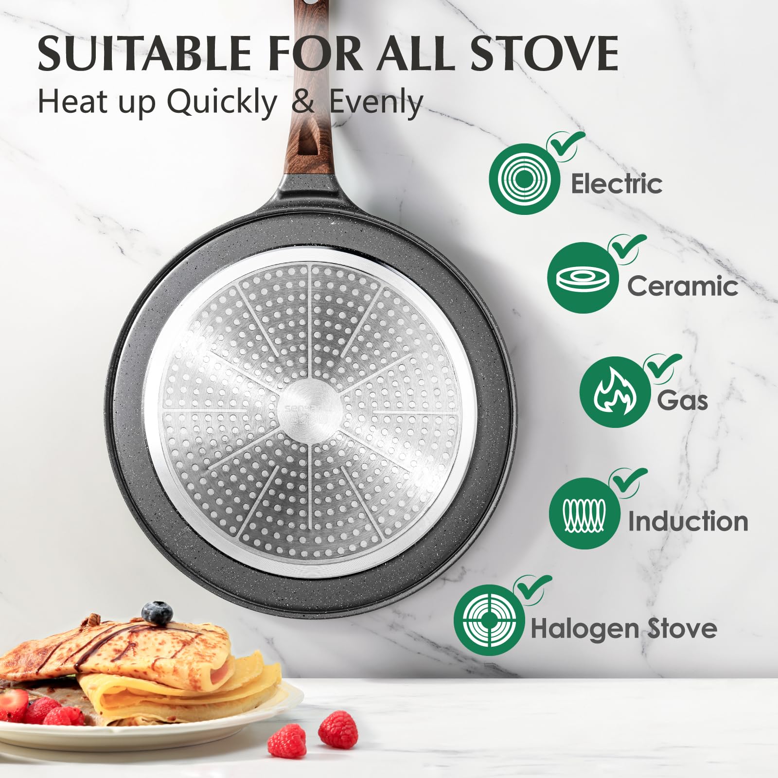 **SENSARTE 10-Inch Nonstick Crepe Pan - Swiss Granite Coating, Induction Compatible, PFOA Free - Perfect for Pancakes, Dosas, Flatbreads & More**    **Use Cases:** Ideal for making crepes, pancakes, dosas, omelets, quesadillas, and other delicate dishes with effortless nonstick performance.