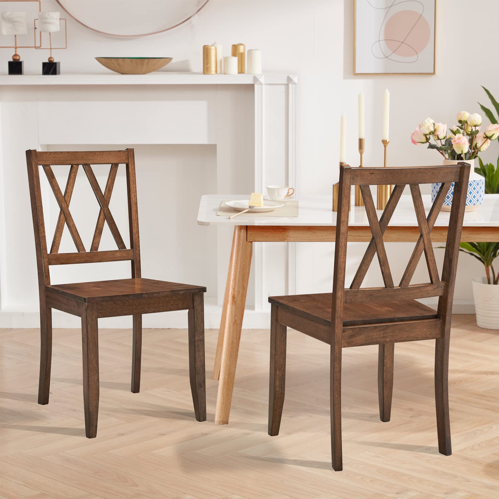 DUHOME 2-Piece Rubber Wood Dining Chairs Set, Cross Back Design, Natural Finish, Walnut Base – Perfect for Home Kitchen, Dining Room, and Breakfast Nook